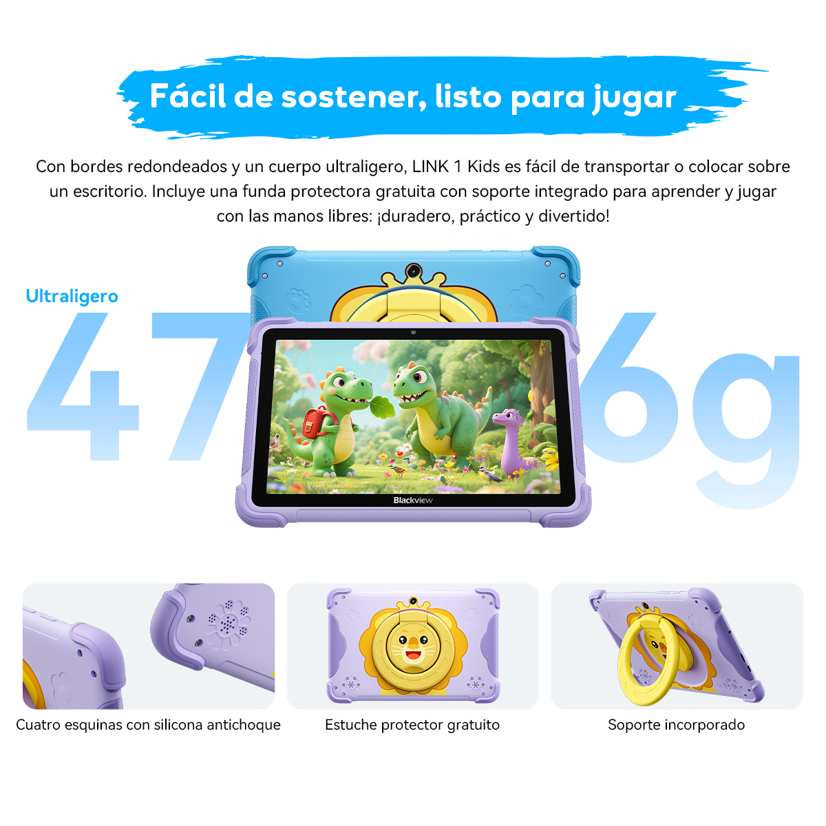 Una tableta azul con funda morada muestra dos dinosaurios. Pesa 476g.