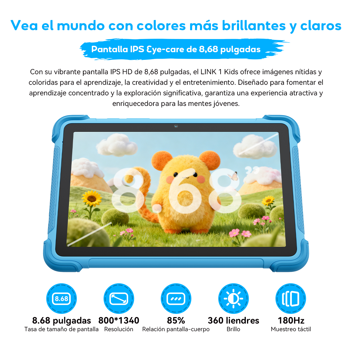 Tablet azul con animal lindo en pantalla, números 8,68. Detalles abajo.