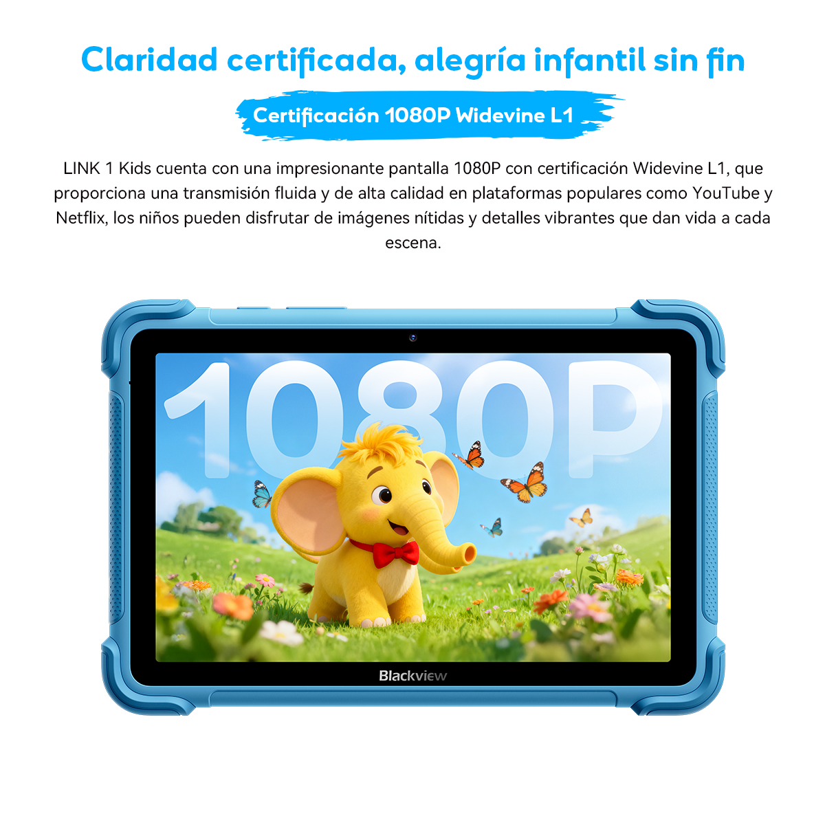 Un elefante de dibujos animados con pajarita en un prado frente a una tablet que muestra 1080P.