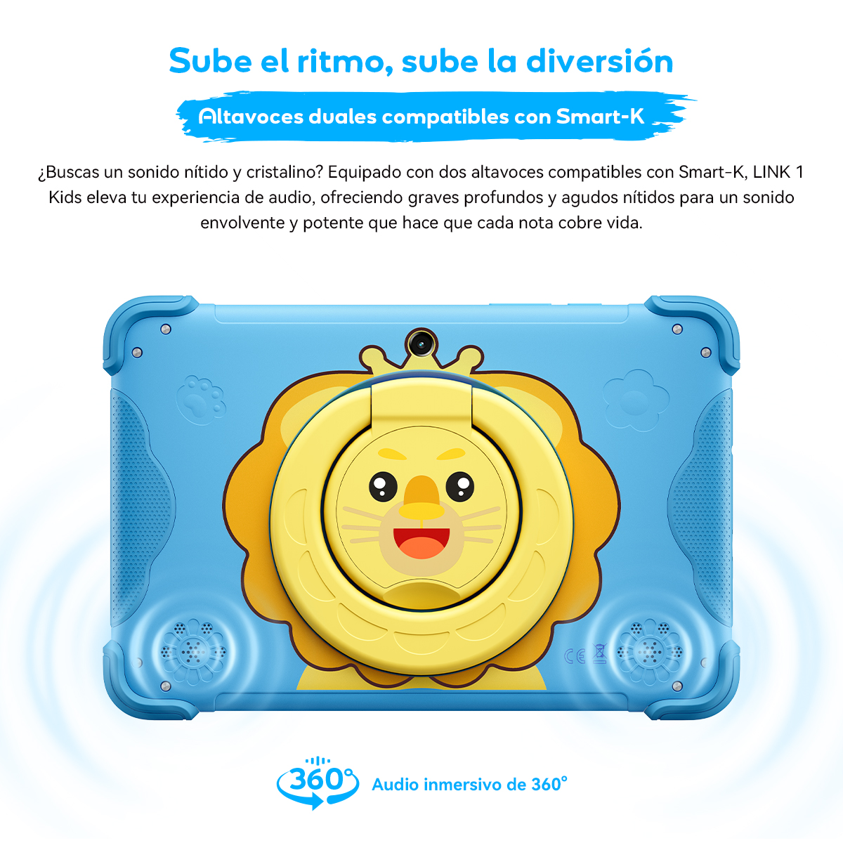 Tablet azul con diseño de león, altavoces y cámara.