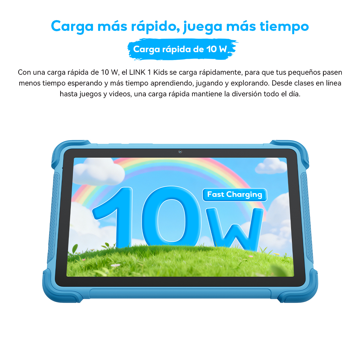 Tableta azul muestra carga rápida de 10W ante arcoíris y prado verde.