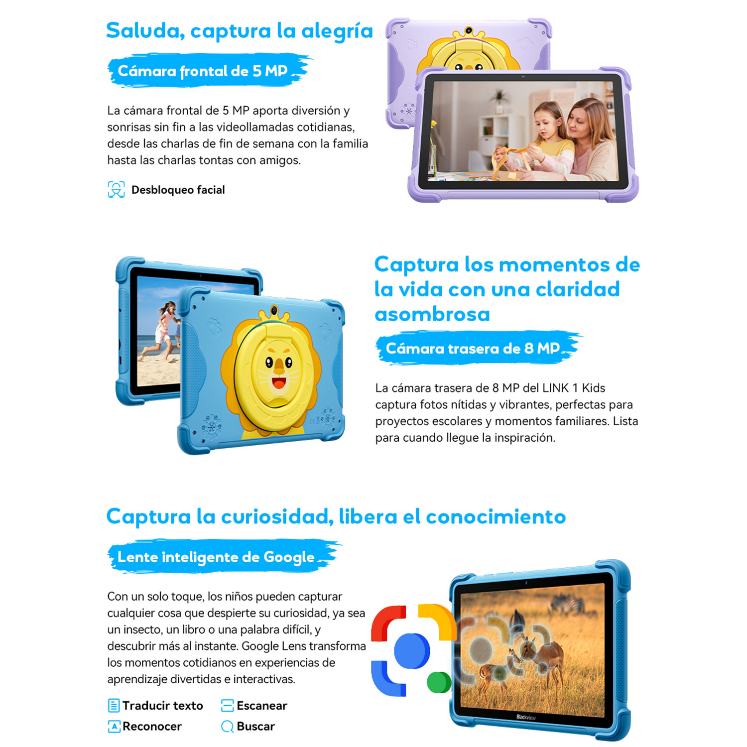 Una tablet morada muestra a una niña y una mujer. Otra vista muestra una tablet azul con diseño de león.