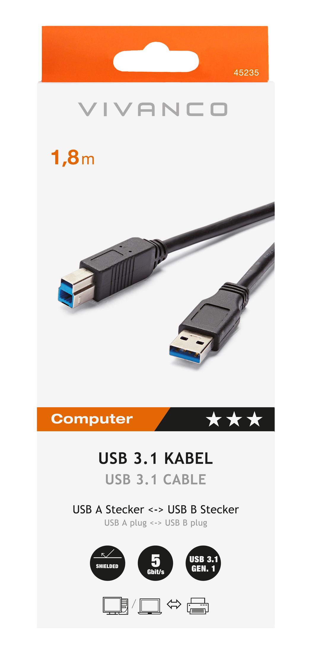 Un cable USB 3.1 de 1,8m con conectores USB-A y USB-B.