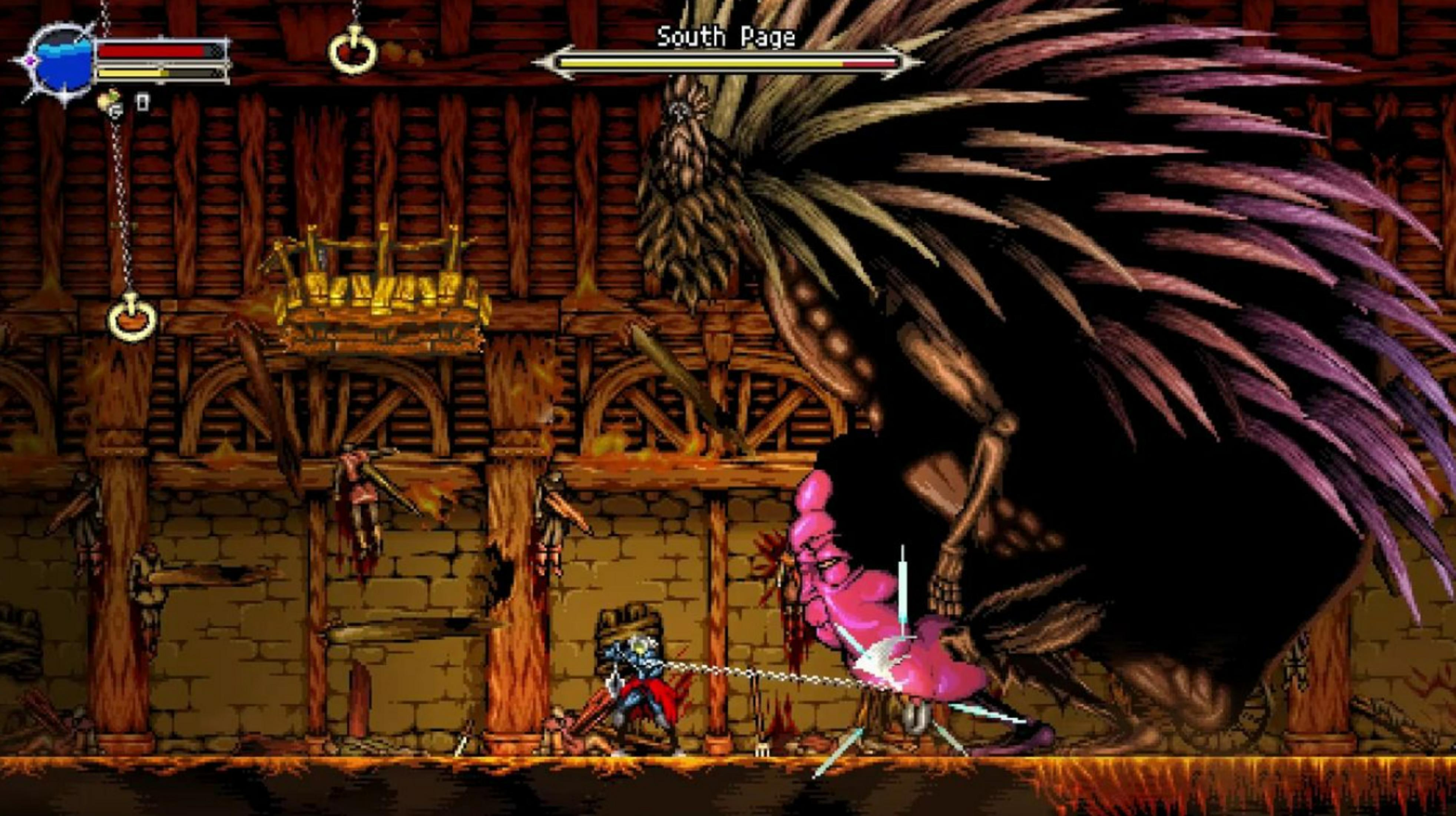 Un guerriero combatte un grande boss simile a un uccello in una stanza medievale.