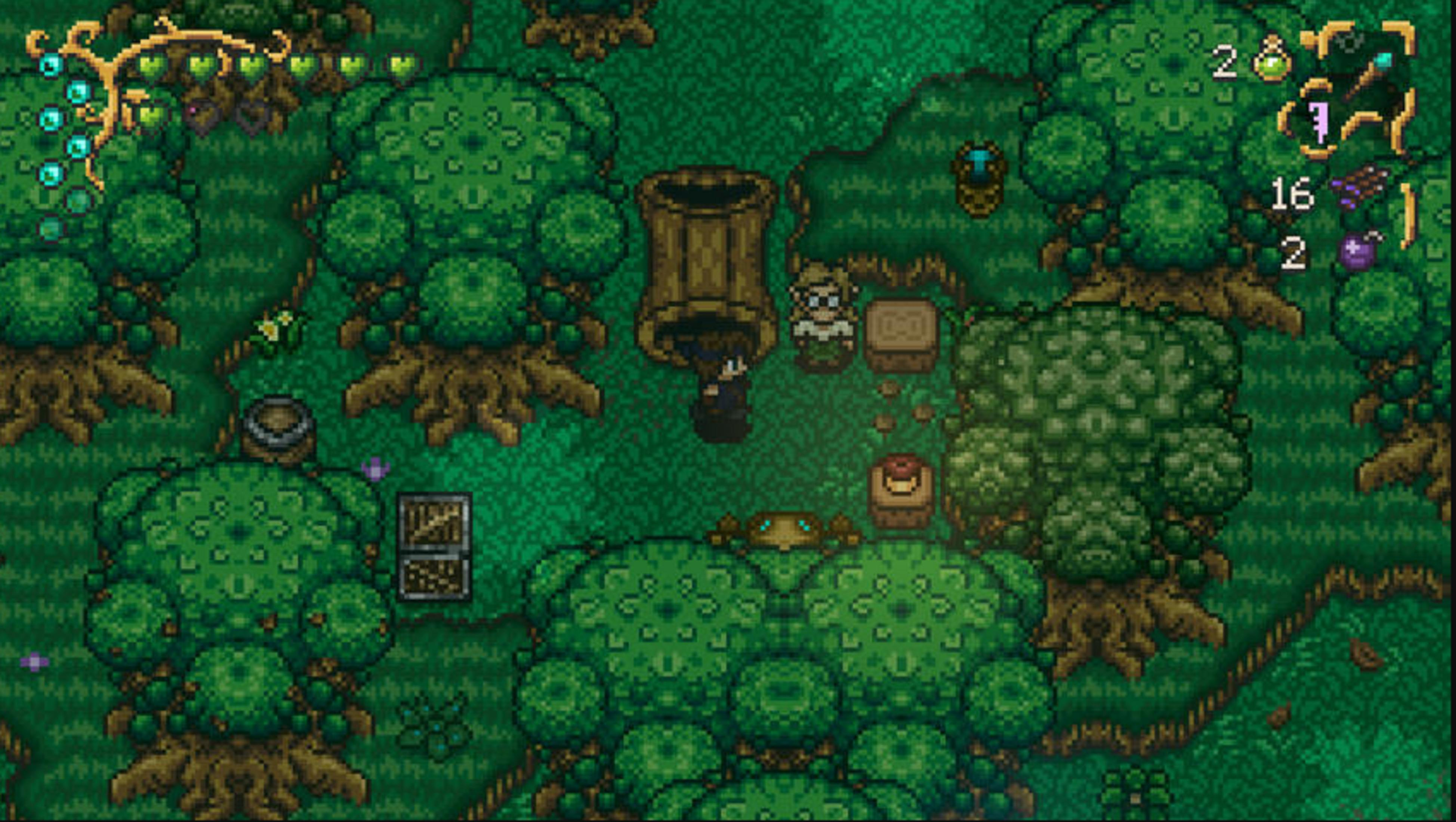 Pixel-Waldszene mit zwei Charakteren, einem Baumstamm und Inventargegenständen.