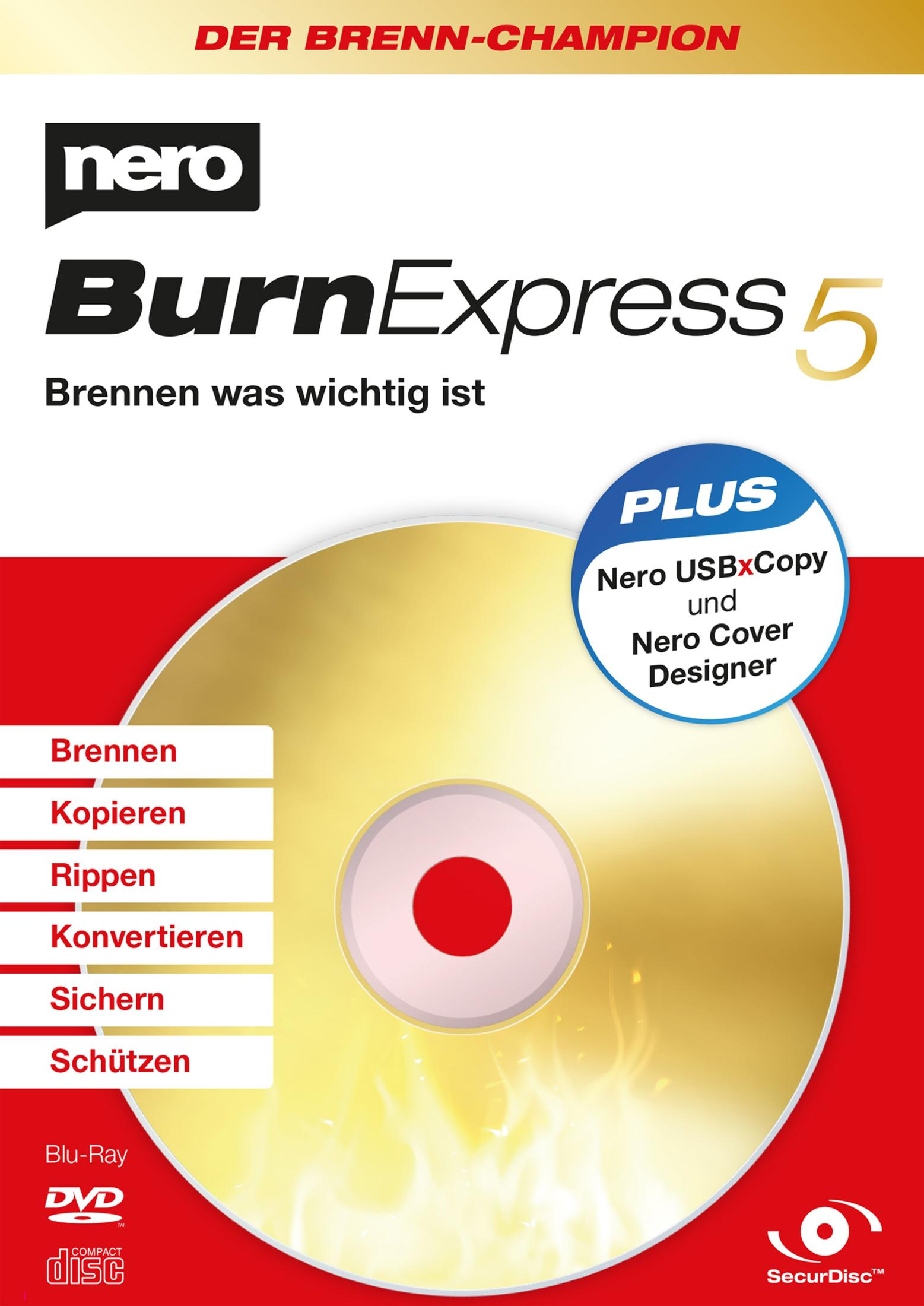 Confezione software Nero BurnExpress 5 con grafica del disco e funzioni.