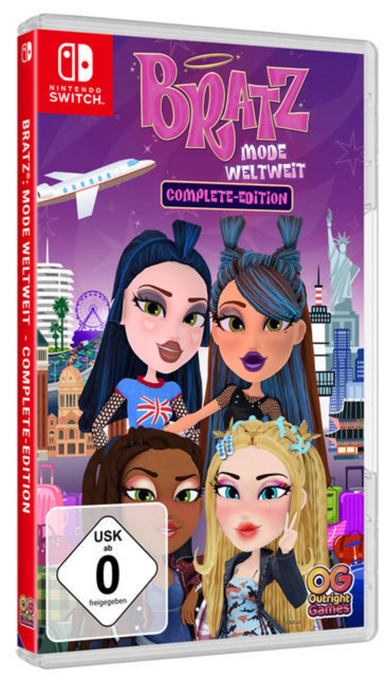 Bratz Mode Weltweit Complete Edition für Nintendo Switch mit vier Puppen und Wahrzeichen.