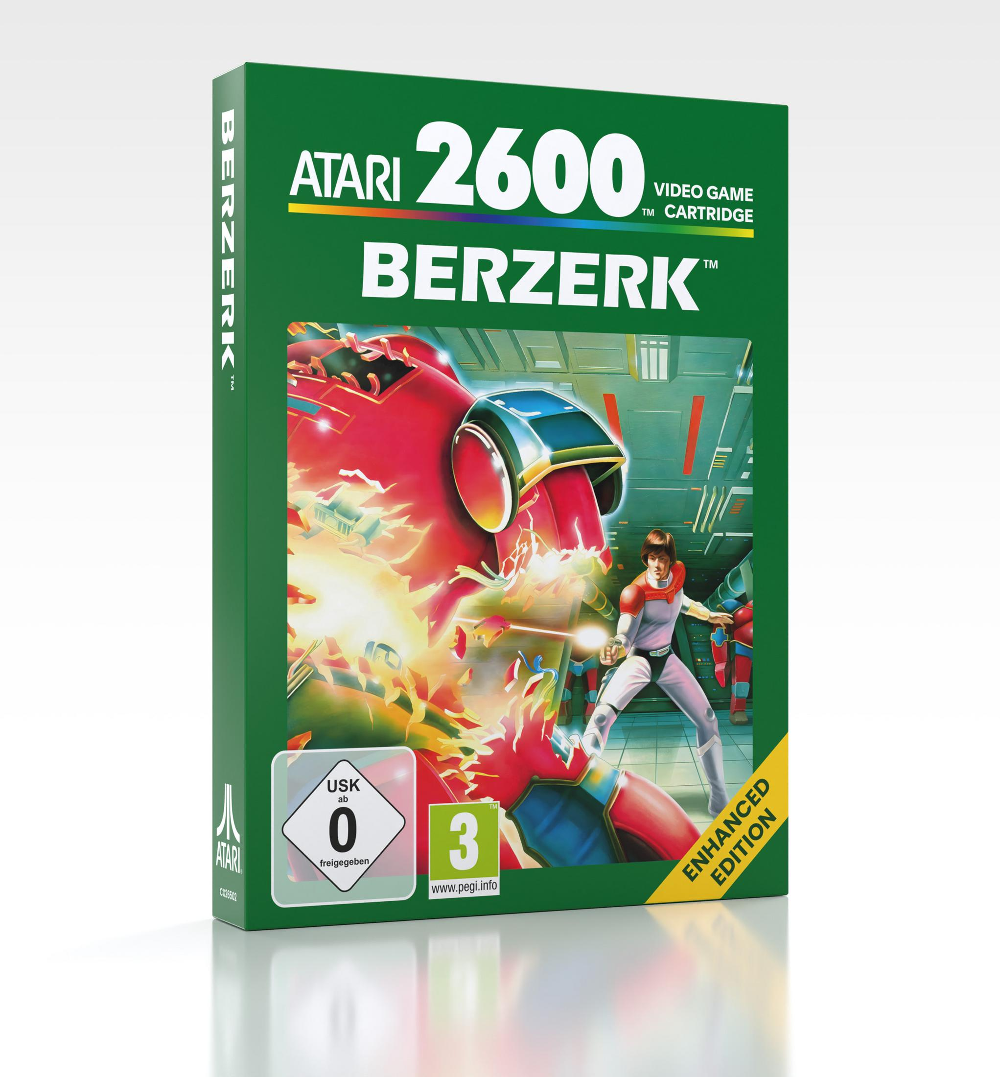 Caja del juego Berzerk Atari 2600 con robot, jugador y clasificaciones USK/PEGI.