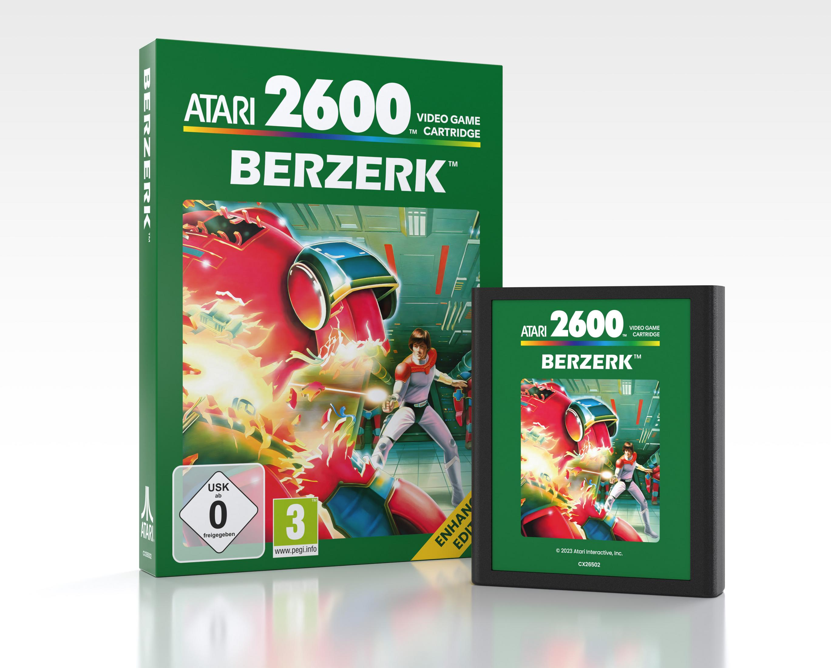 Caja y cartucho del juego Atari 2600 Berzerk con robots luchadores y astronautas.
