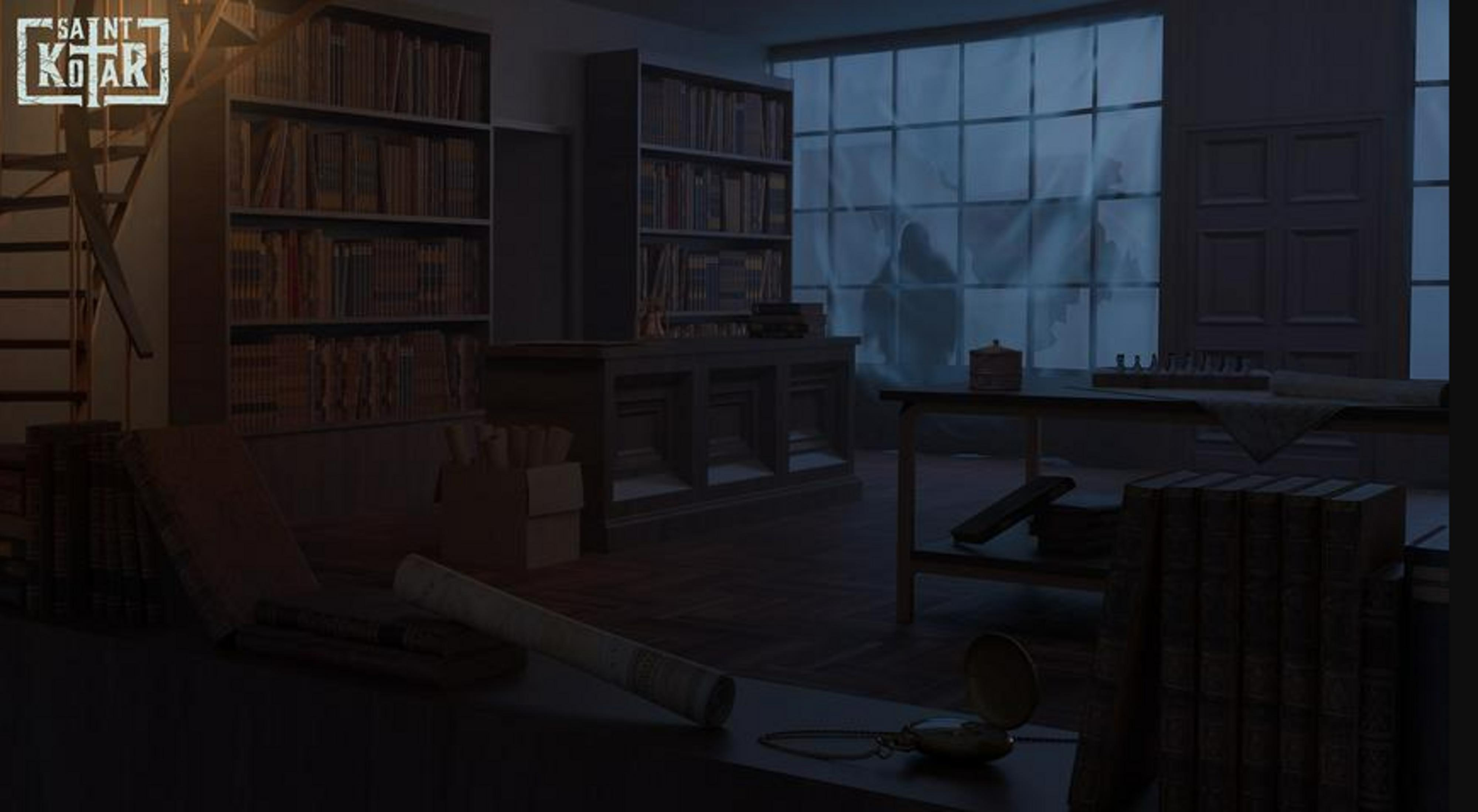 Ein dunkles Arbeitszimmer mit Bücherregalen, Schreibtischen und einem Fenster mit Vorhängen.