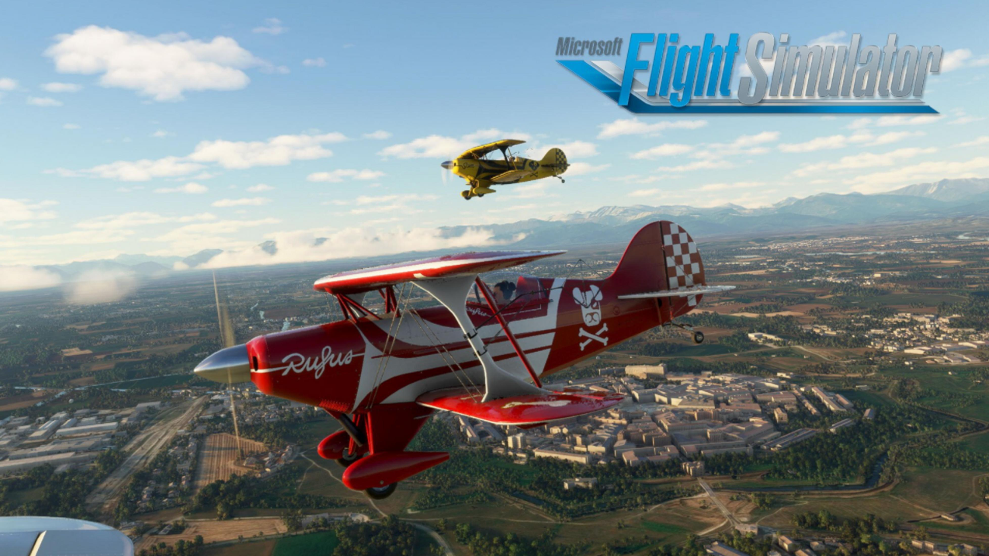 Zwei Biplane fliegen über eine Stadtlandschaft, eines rot-weiß, das andere gelb.