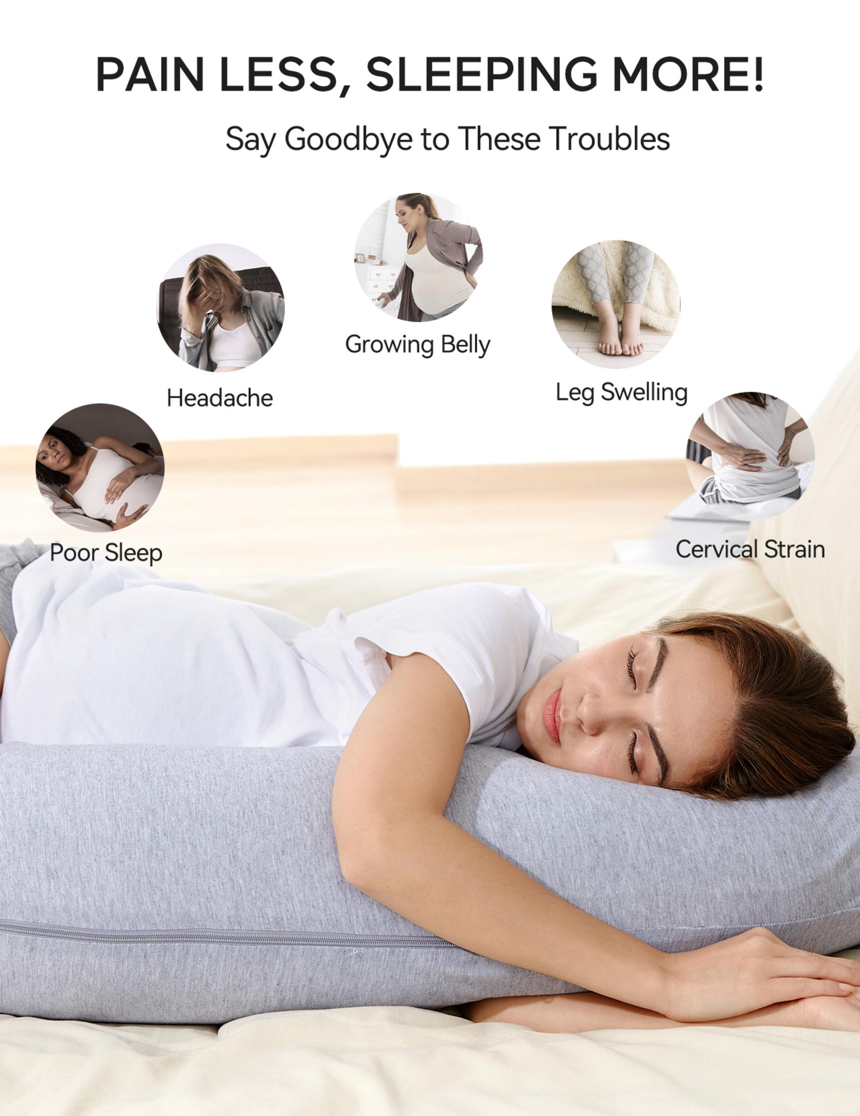 Una donna dorme su un cuscino grigio. Piccole immagini mostrano problemi come mal di testa.