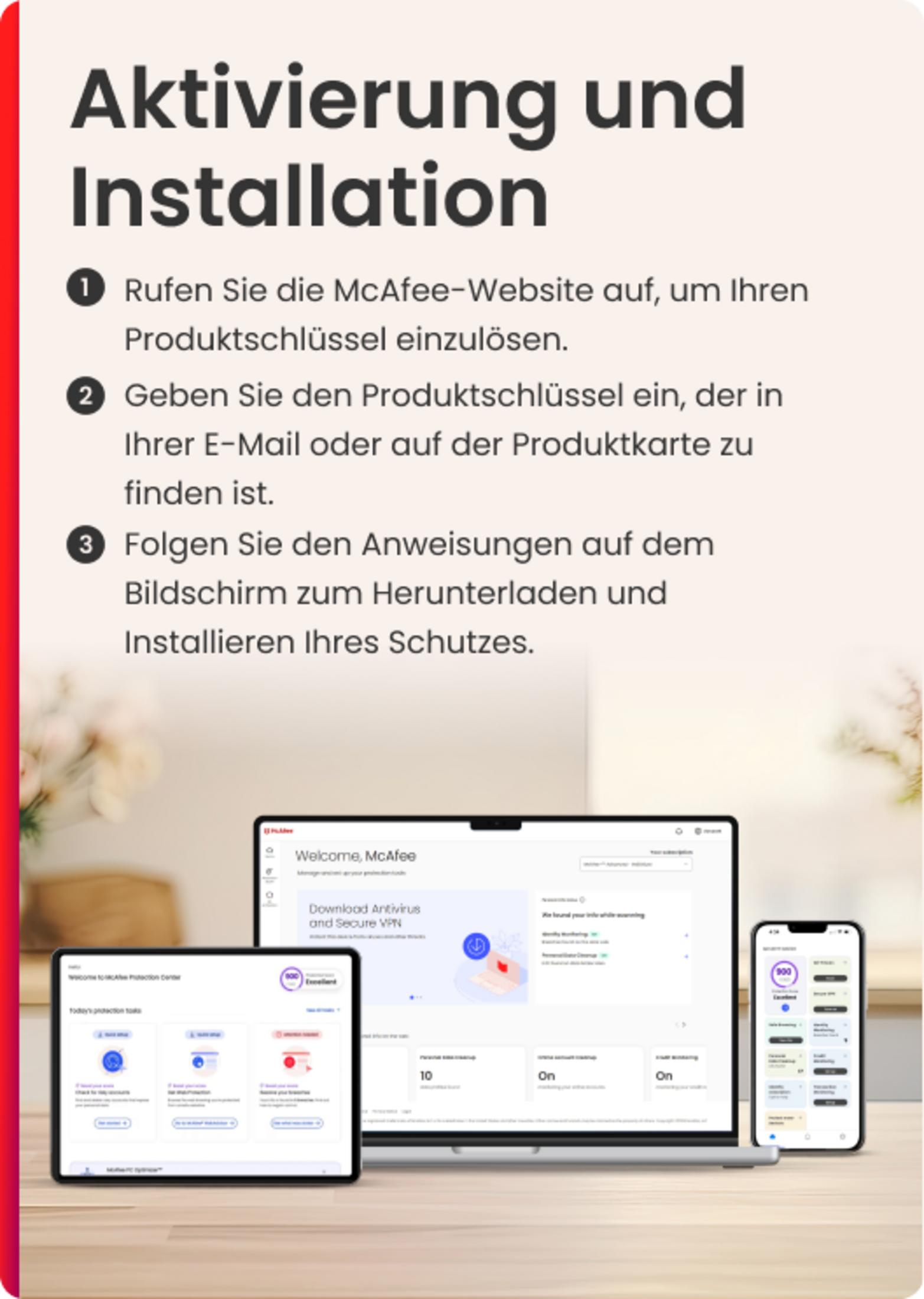 Attivazione McAfee: Visita sito web, inserisci chiave, segui istruzioni.