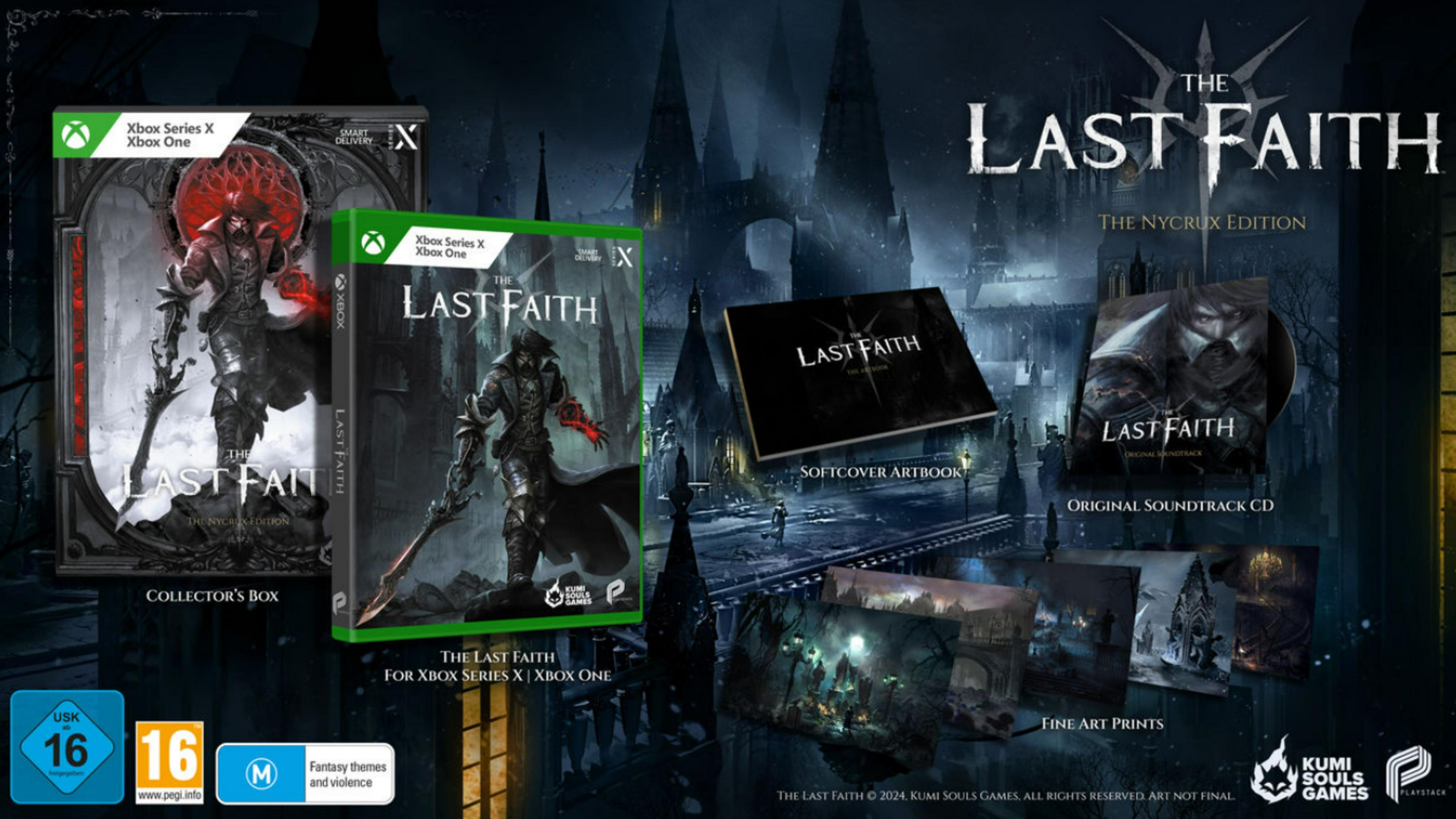 Spielverpackungen und Zubehör für 'The Last Faith' mit dunkler, gotischer Ästhetik.