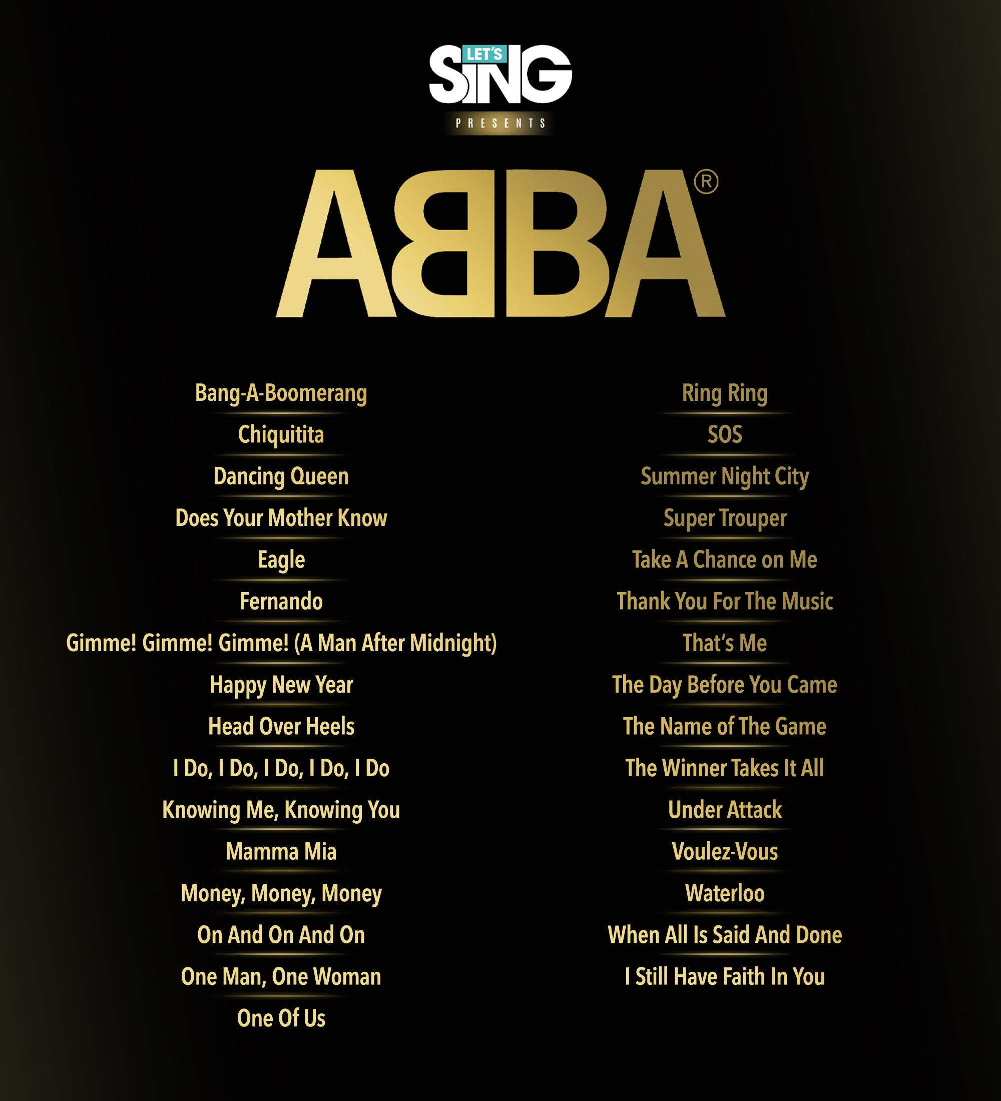 Logo ABBA con elenco di canzoni su sfondo nero.