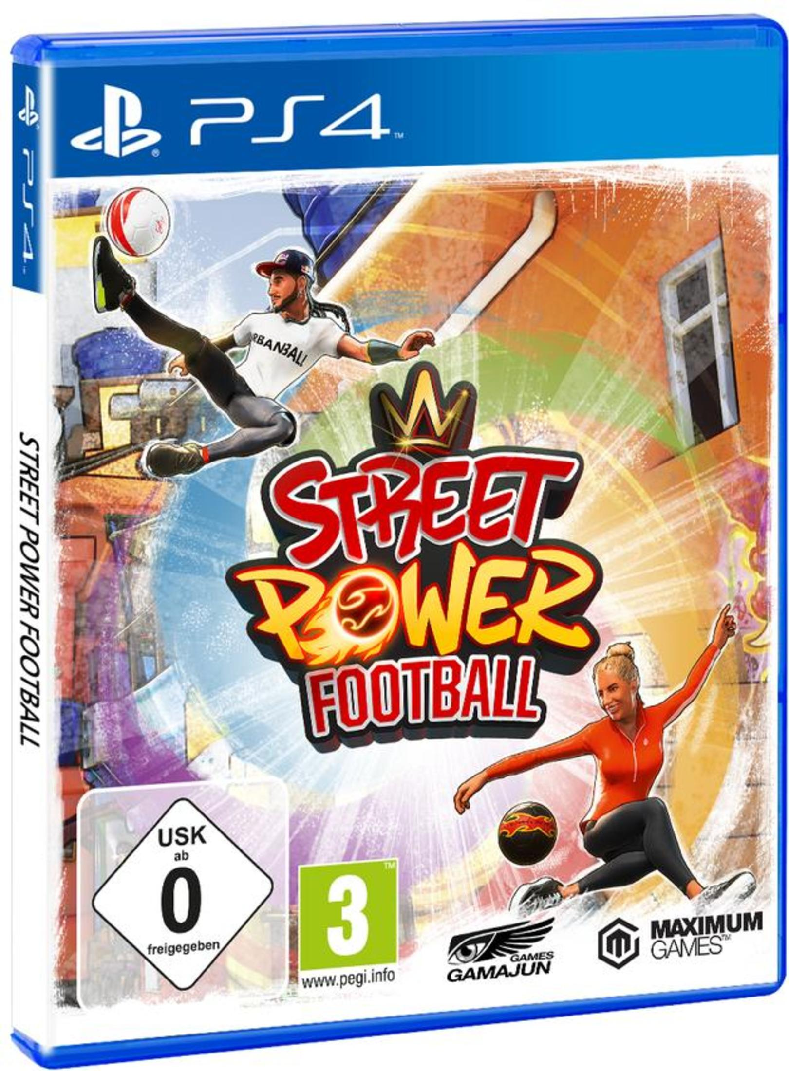 PS4 Spielcover: Street Power Football mit zwei Spielern, die einen Ball treten.