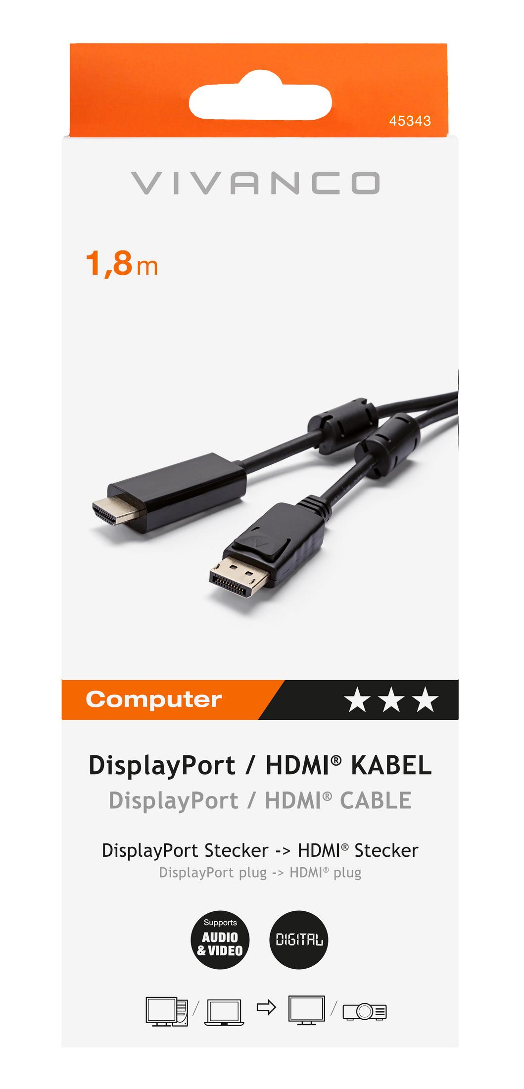 Czarny kabel DisplayPort na HDMI o długości 1,8 m z czarnymi złączami.