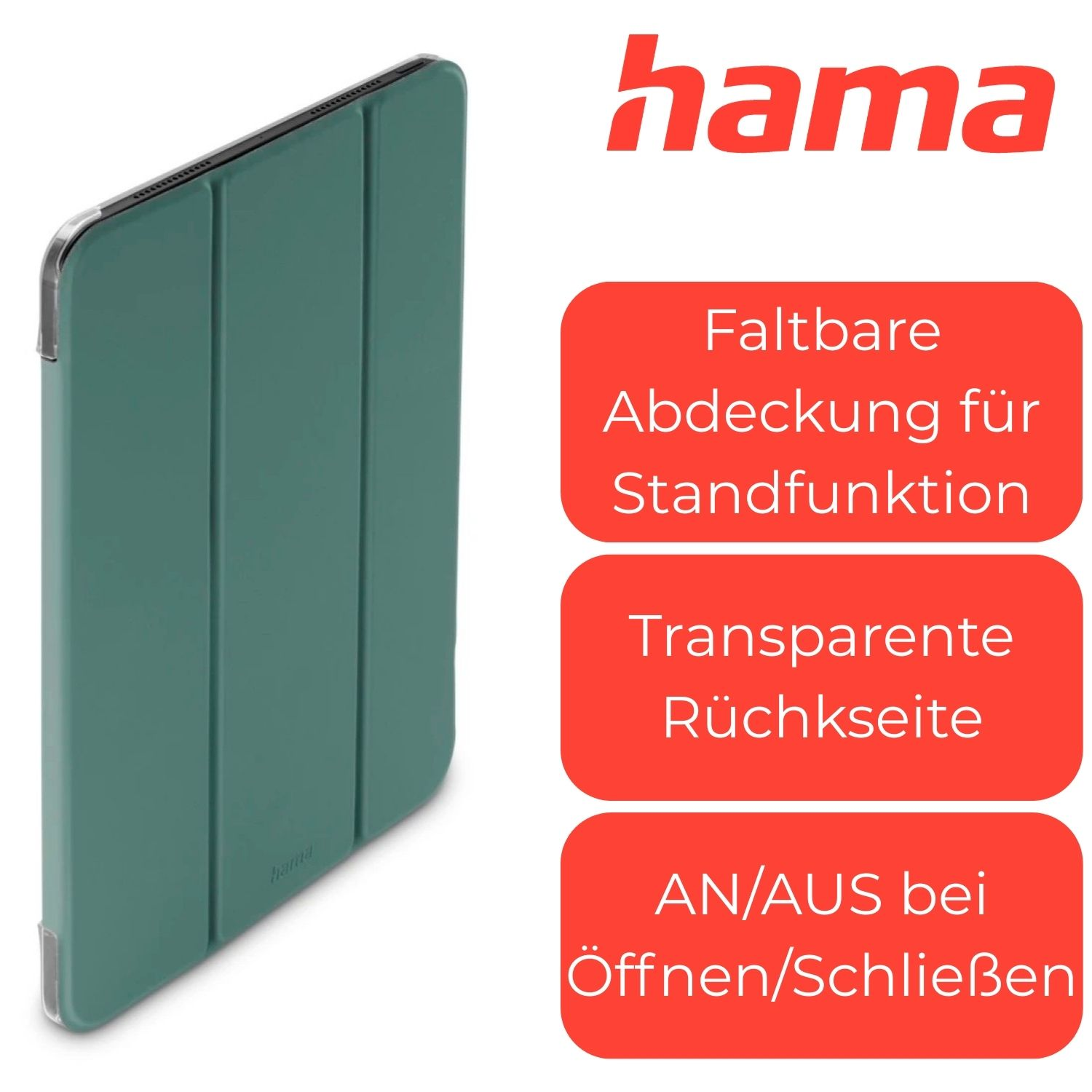 Zielone etui z funkcją składania, przezroczystym tyłem i funkcją wł./wył.