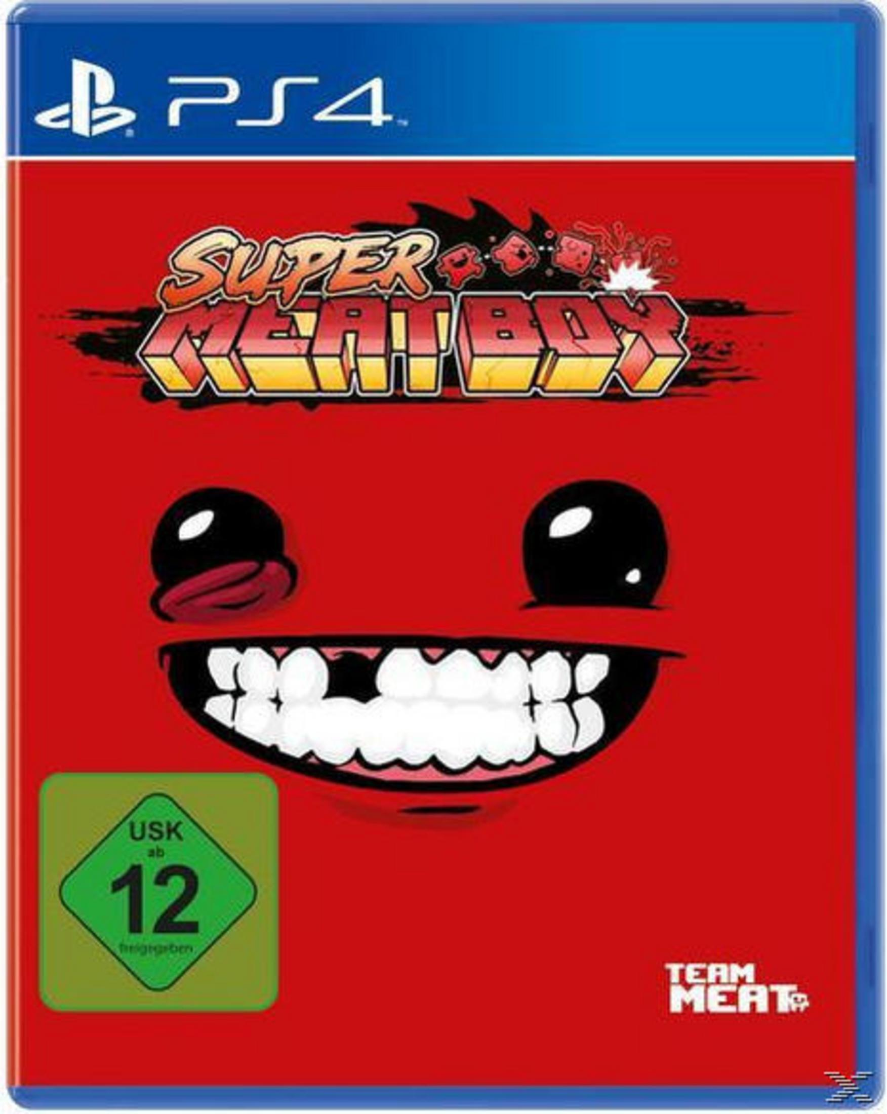 PS4 Spielcover mit rotem Hintergrund, Schriftzug "Super Meat Boy" und Cartoon-Gesicht.