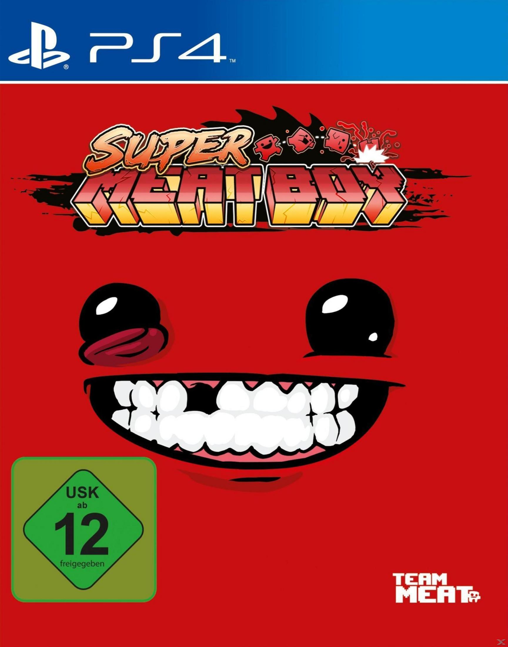 PS4-Spielcover mit rotem Hintergrund, "Super Meat Boy"-Logo und gruseligem Gesicht.