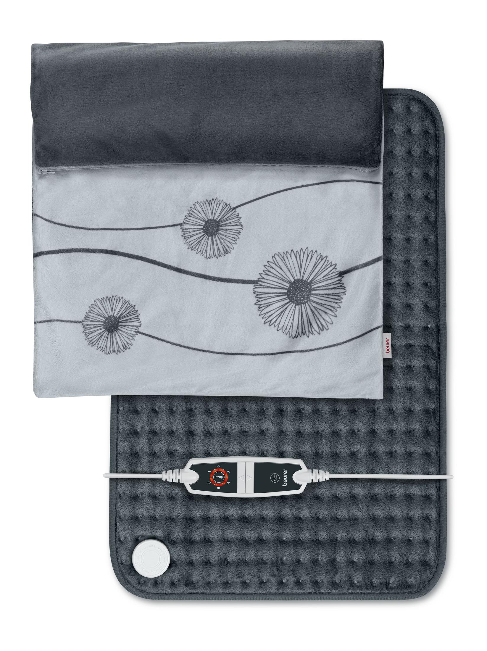 Graues Heizkissen mit Blumenmuster und Temperaturregler.