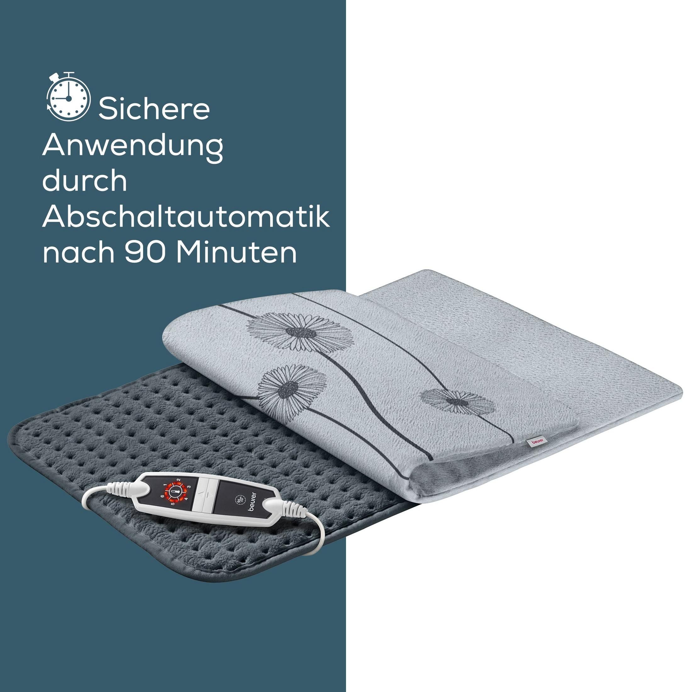 Graue Heizdecke mit Blumenmuster und weißem Controller. Abschaltautomatik nach 90 Min.