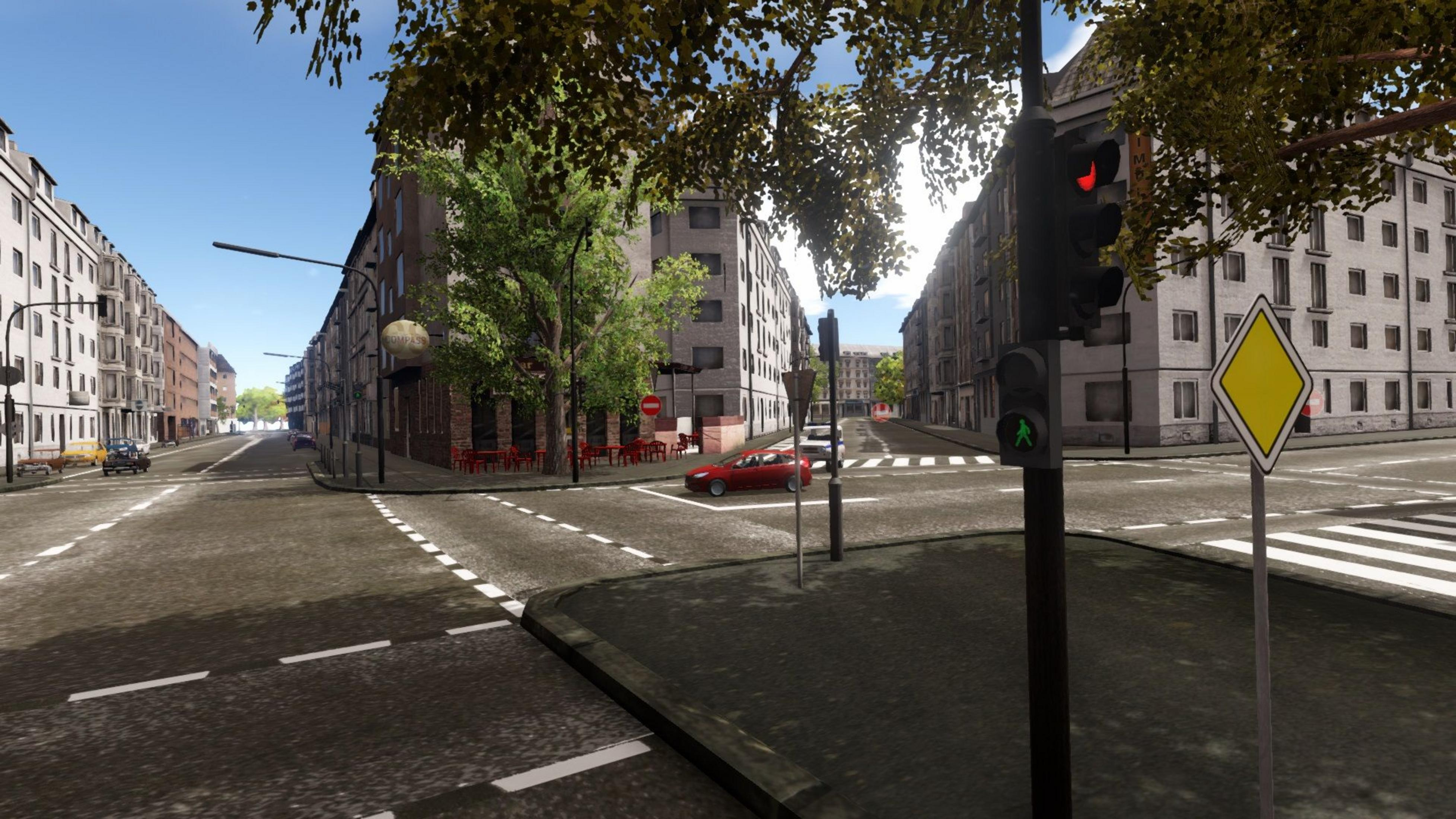Straßenszene mit Gebäuden, Ampel, rotem Auto und Zebrastreifen.