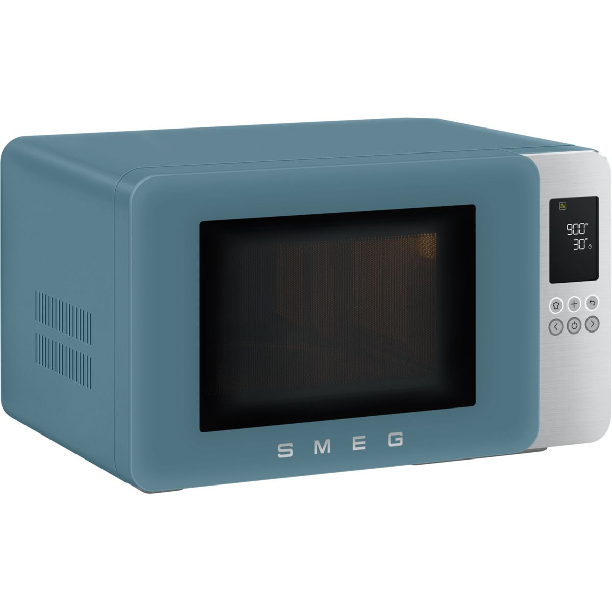 Un horno microondas SMEG azul con panel de control plateado y pantalla digital.