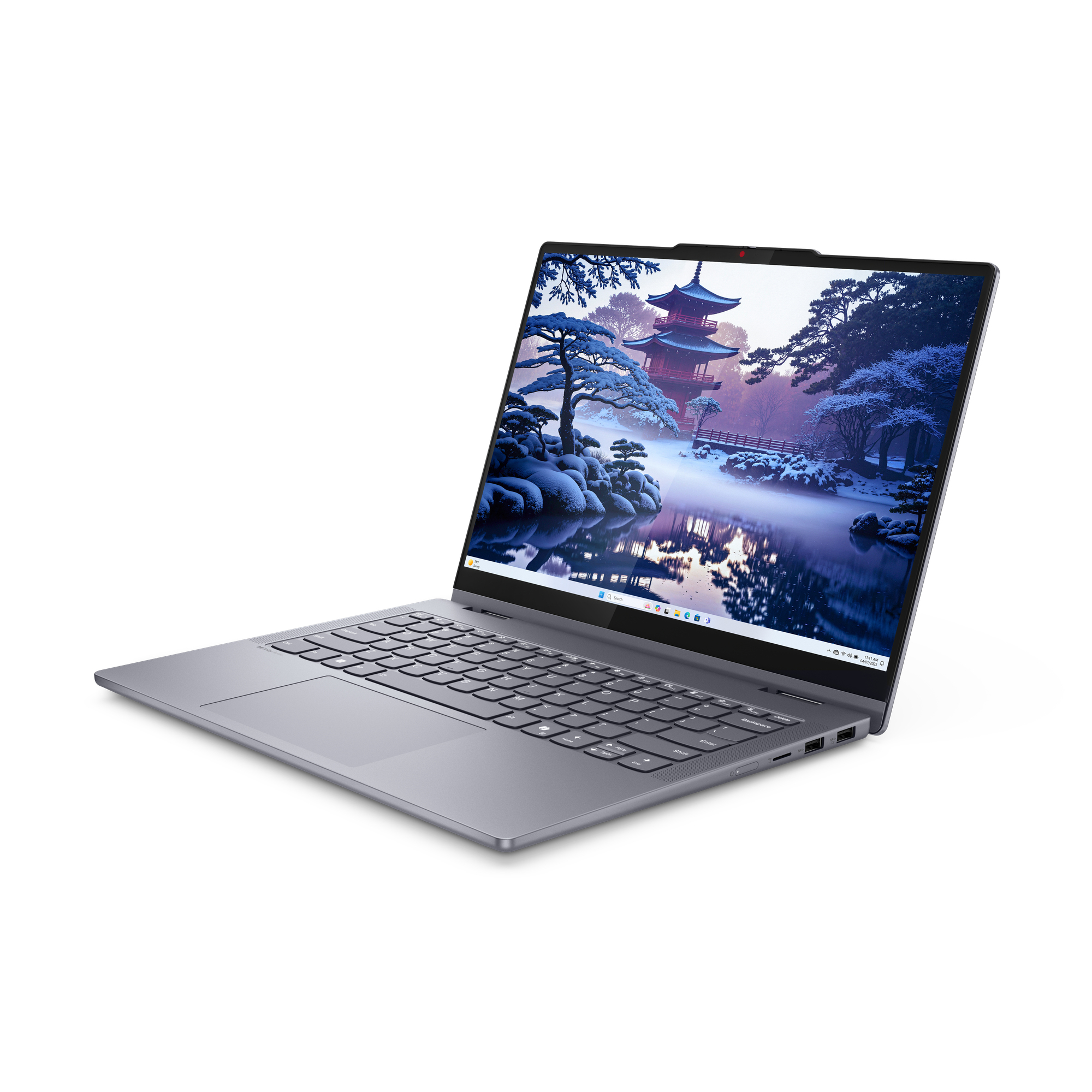 Ein geöffneter Laptop mit einem Winterbild eines japanischen Tempels auf dem Bildschirm.