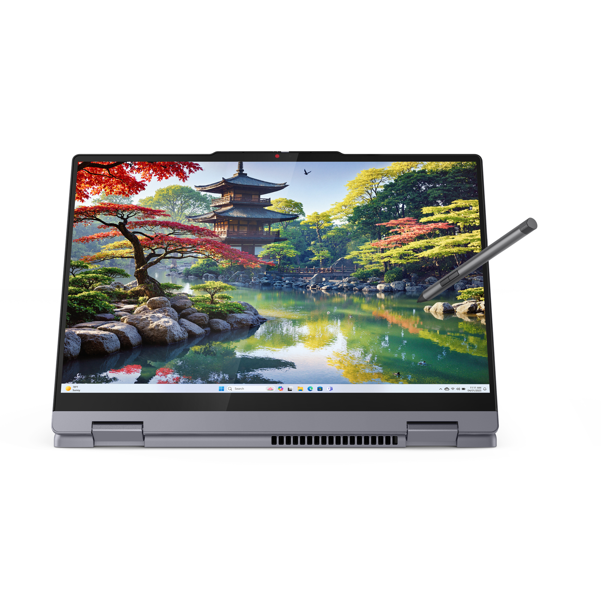Ein Laptop mit einem digitalen Stift zeigt einen japanischen Garten mit Pagode und Teich.