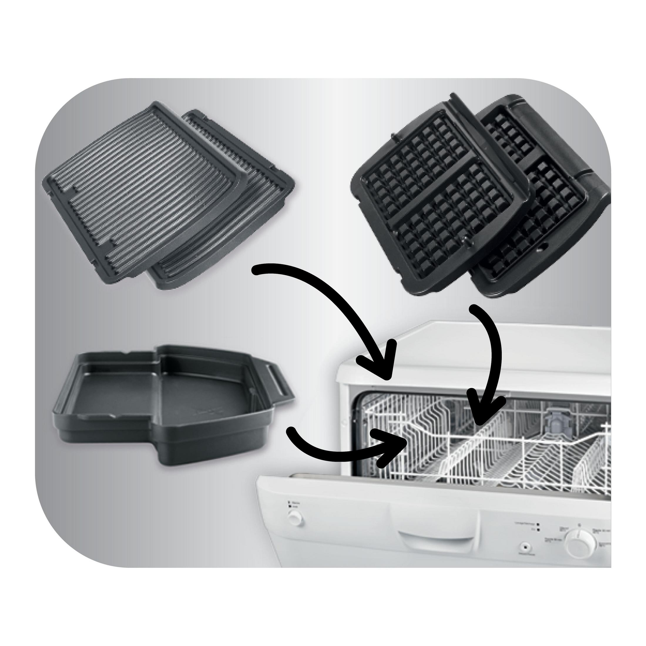 Grillplatten, Waffeleinsätze und Abtropfschale werden in einen Geschirrspüler gelegt.