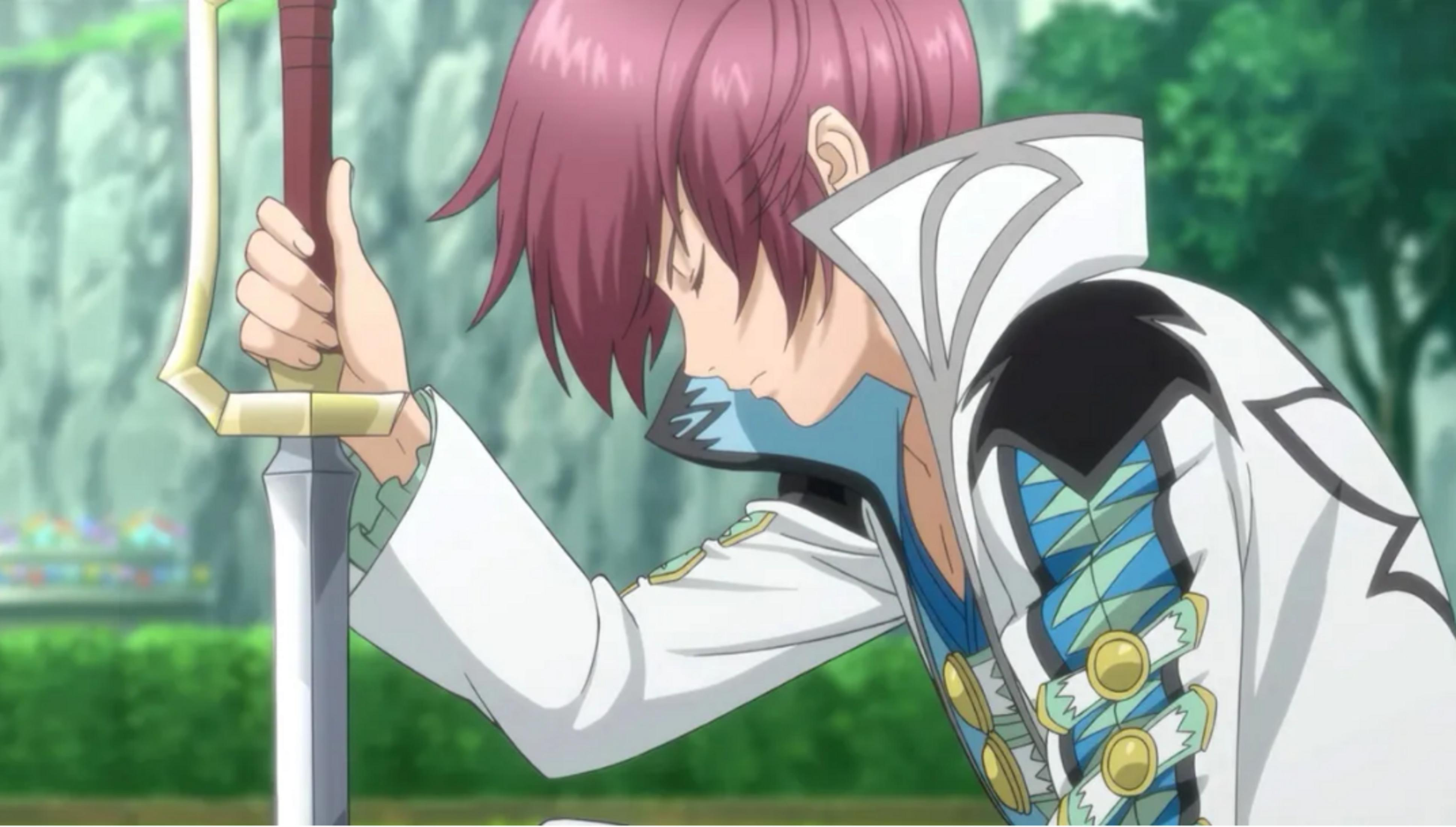 Ein Anime-Charakter mit pinken Haaren hält ein Schwert, im Freien.
