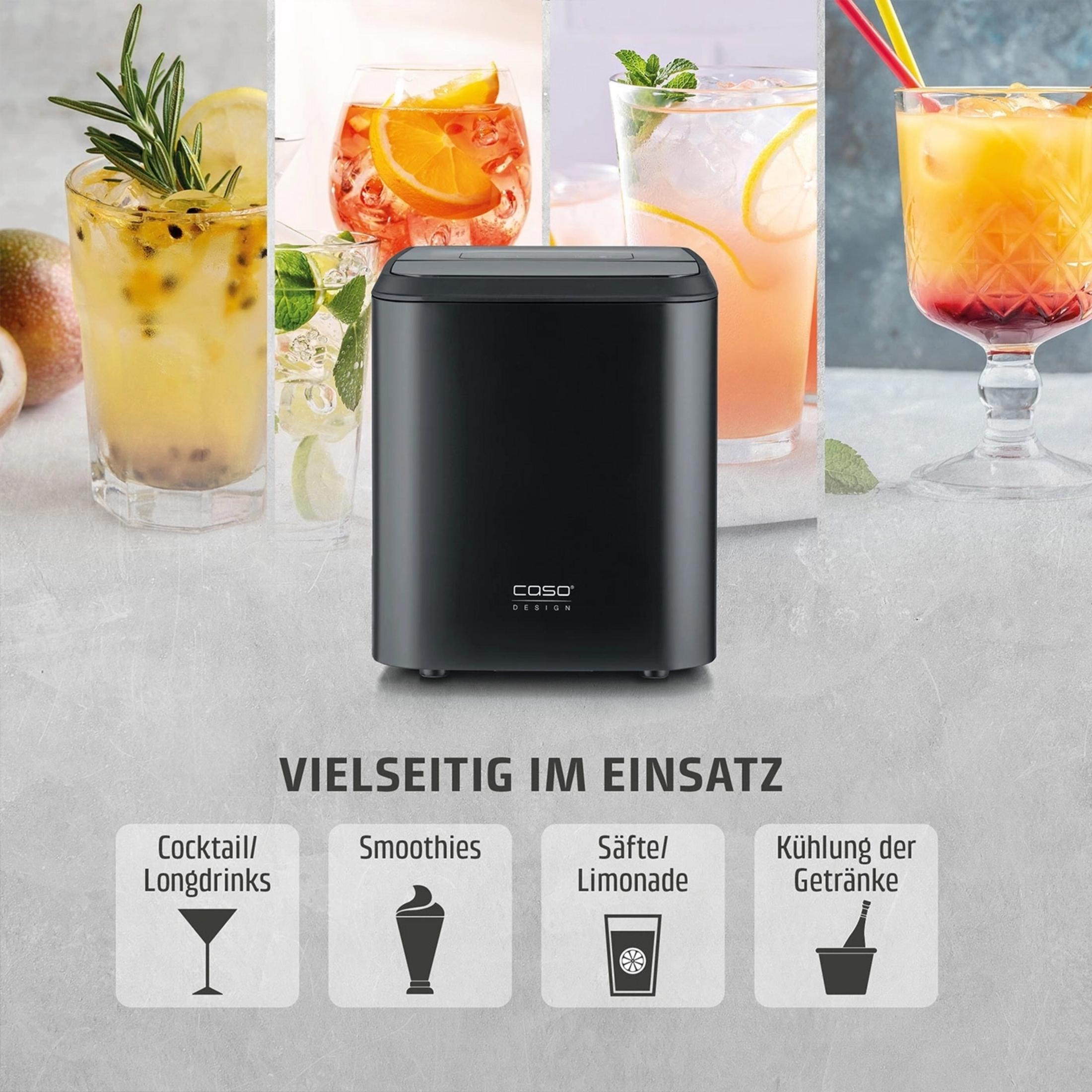 Ein schwarzes Gerät umgeben von Cocktails, Smoothies und Getränken.