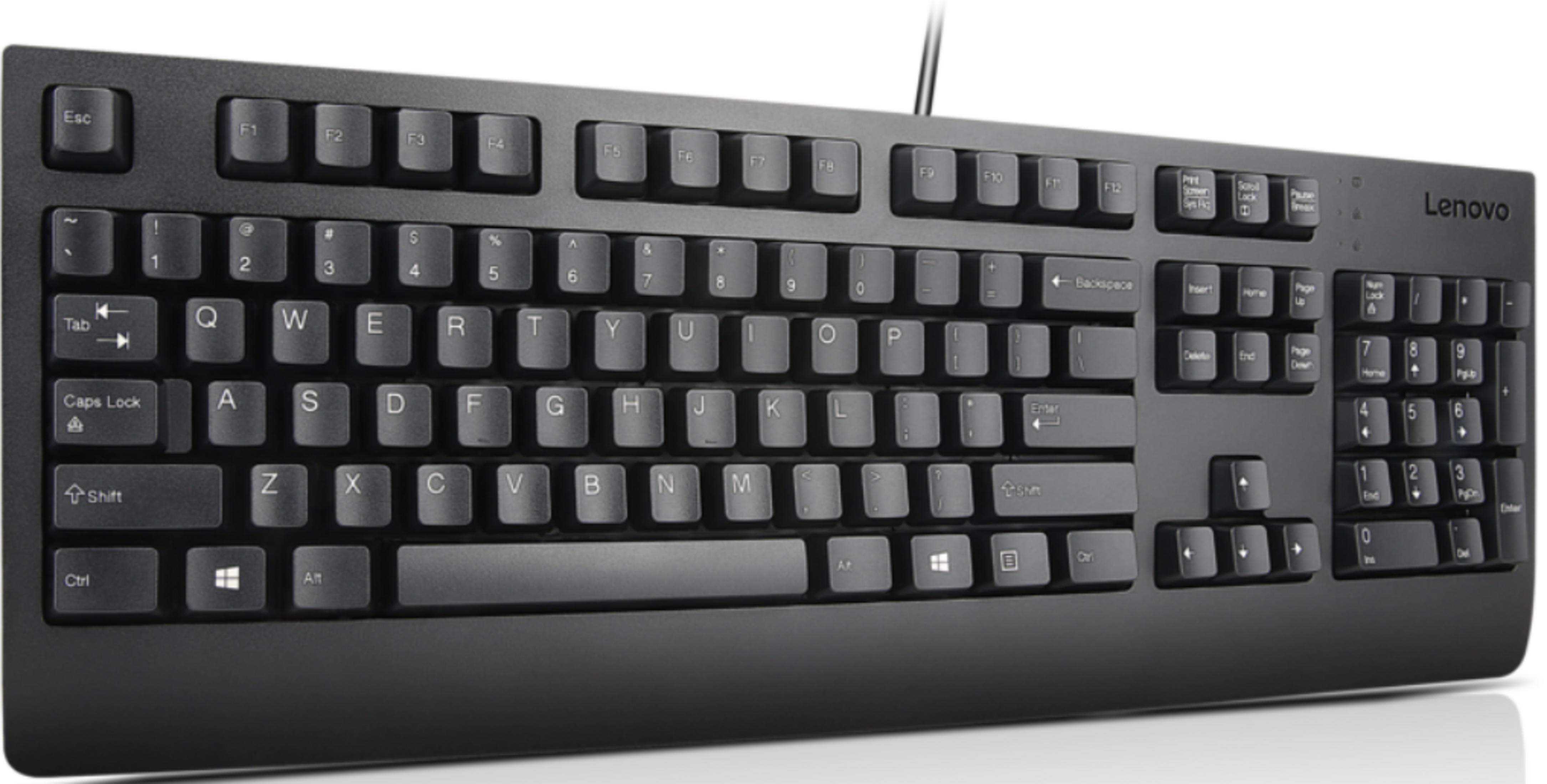 Teclado Lenovo negro con teclado numérico y logo de Windows.
