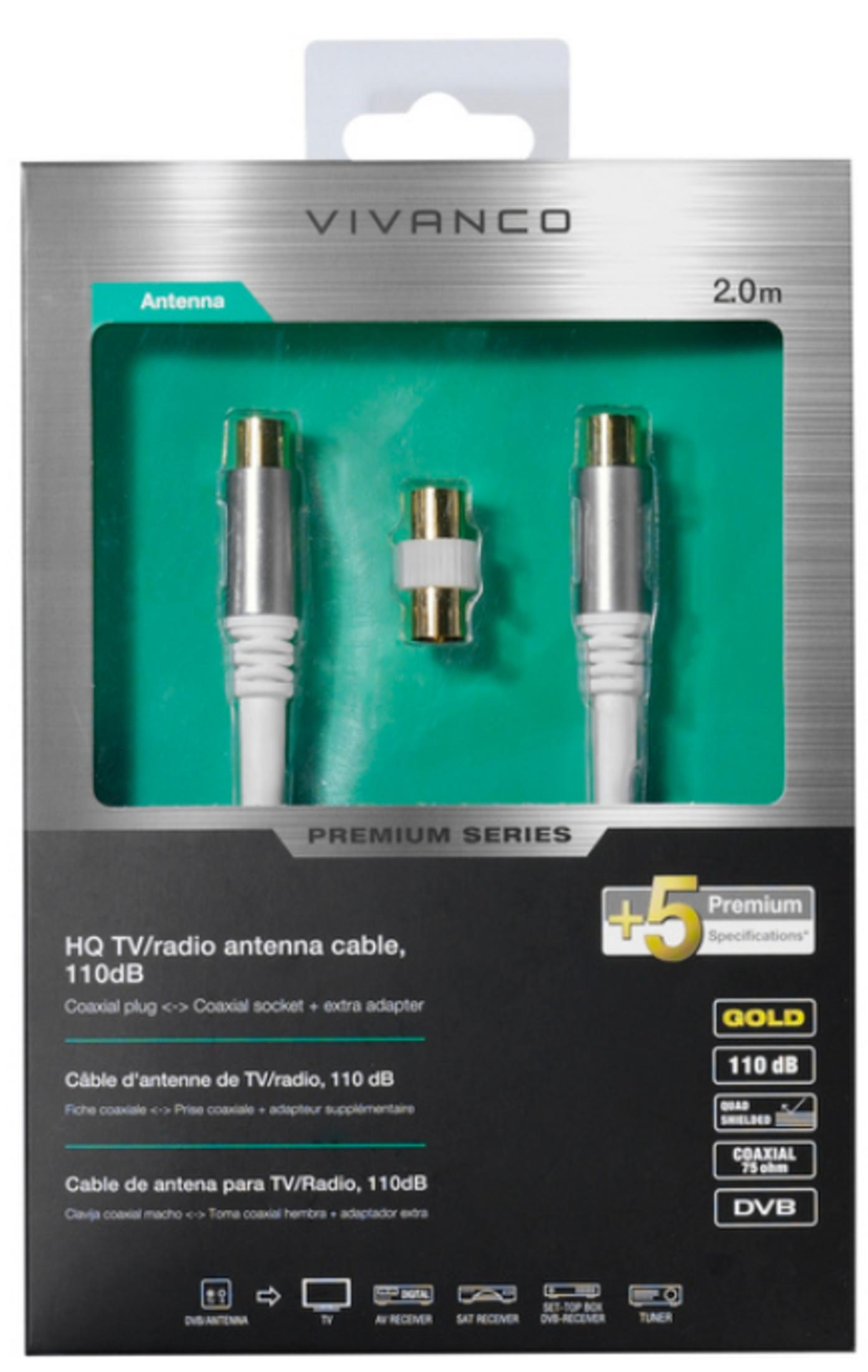 Cable de antena Vivanco 2m, con adaptador, Oro, 110dB, Quad Shielded, Coaxial