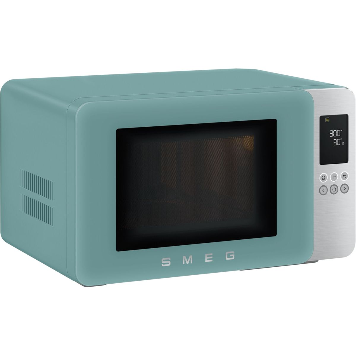Eine teal Smeg Mikrowelle mit silbernem Bedienfeld und Digitalanzeige.