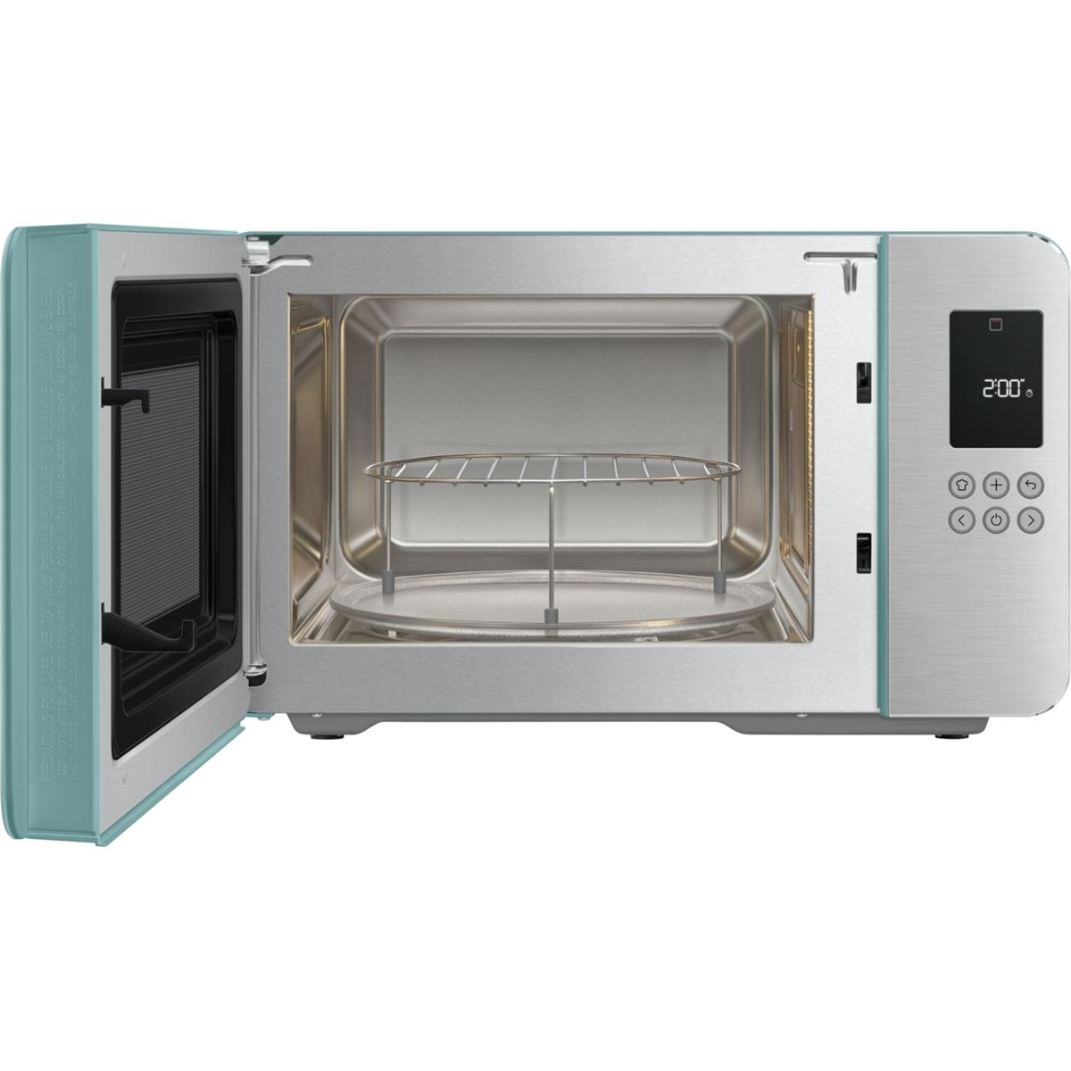 Offene turkise Mikrowelle mit silberner Innenseite und Grillrost.