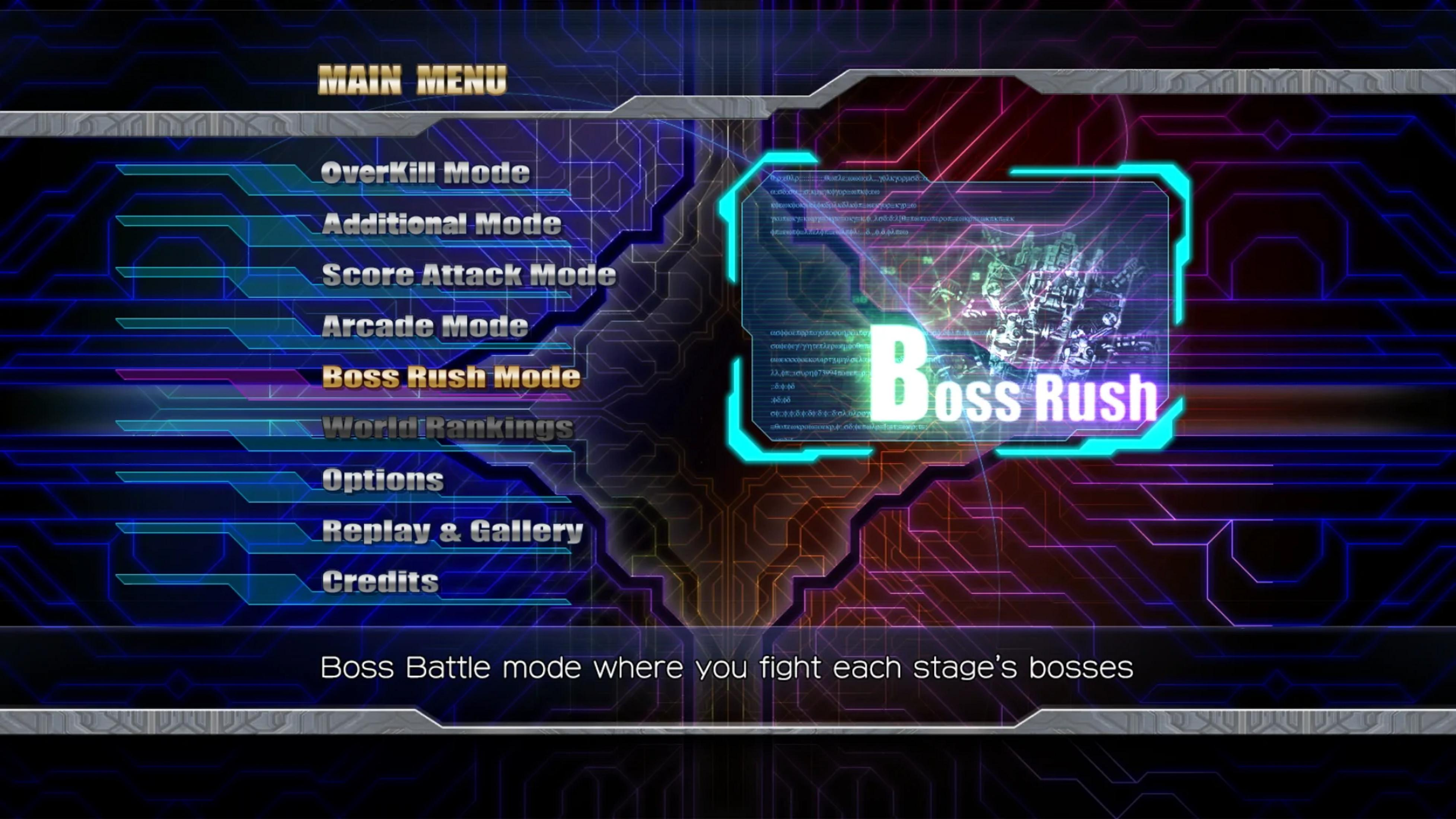 Hauptmenü mit Optionen wie Boss Rush Mode und Beschreibung.