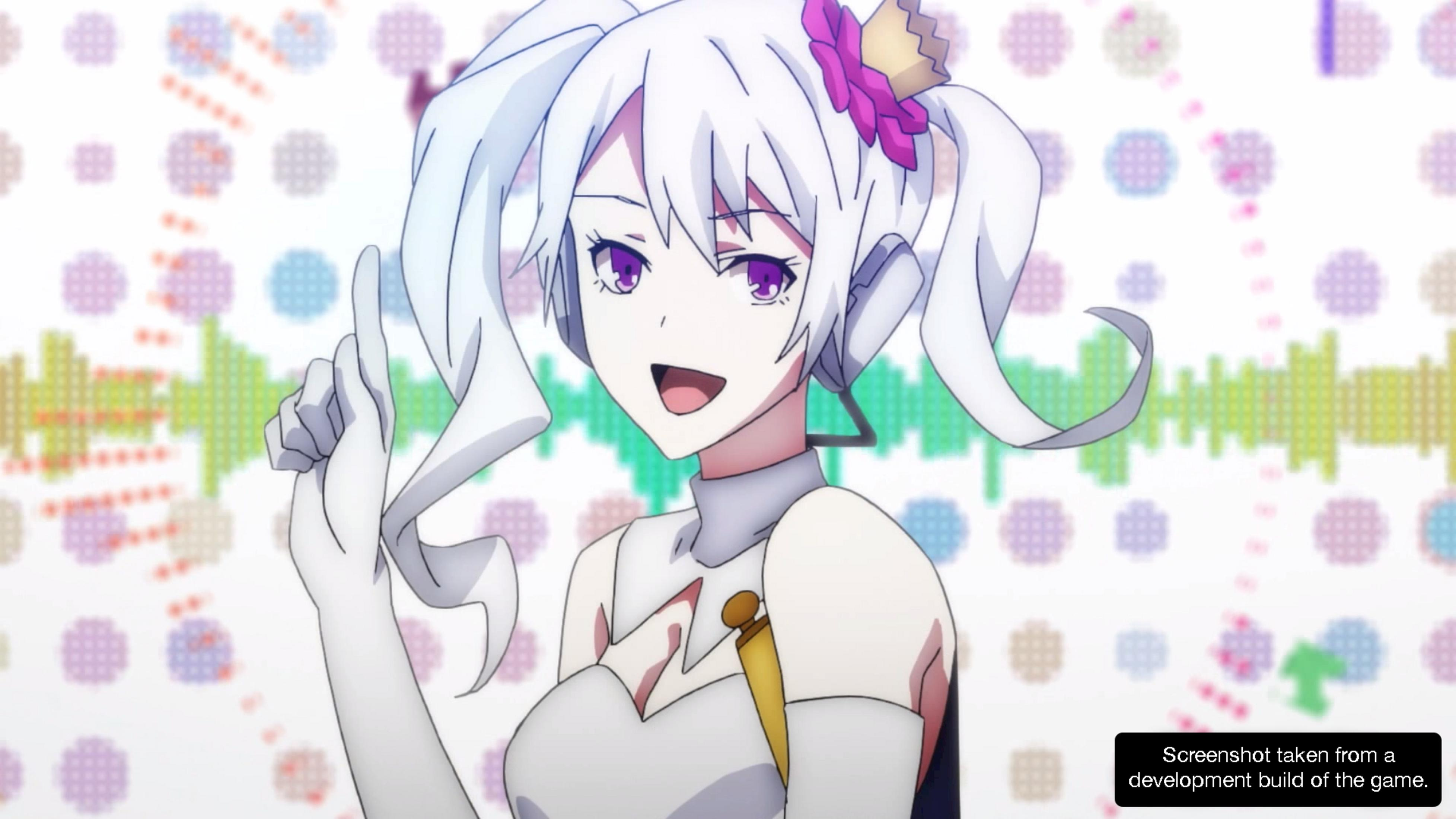 Anime-Mädchen mit weißen Haaren und lila Augen singt vor bunter Musikvisualisierung.