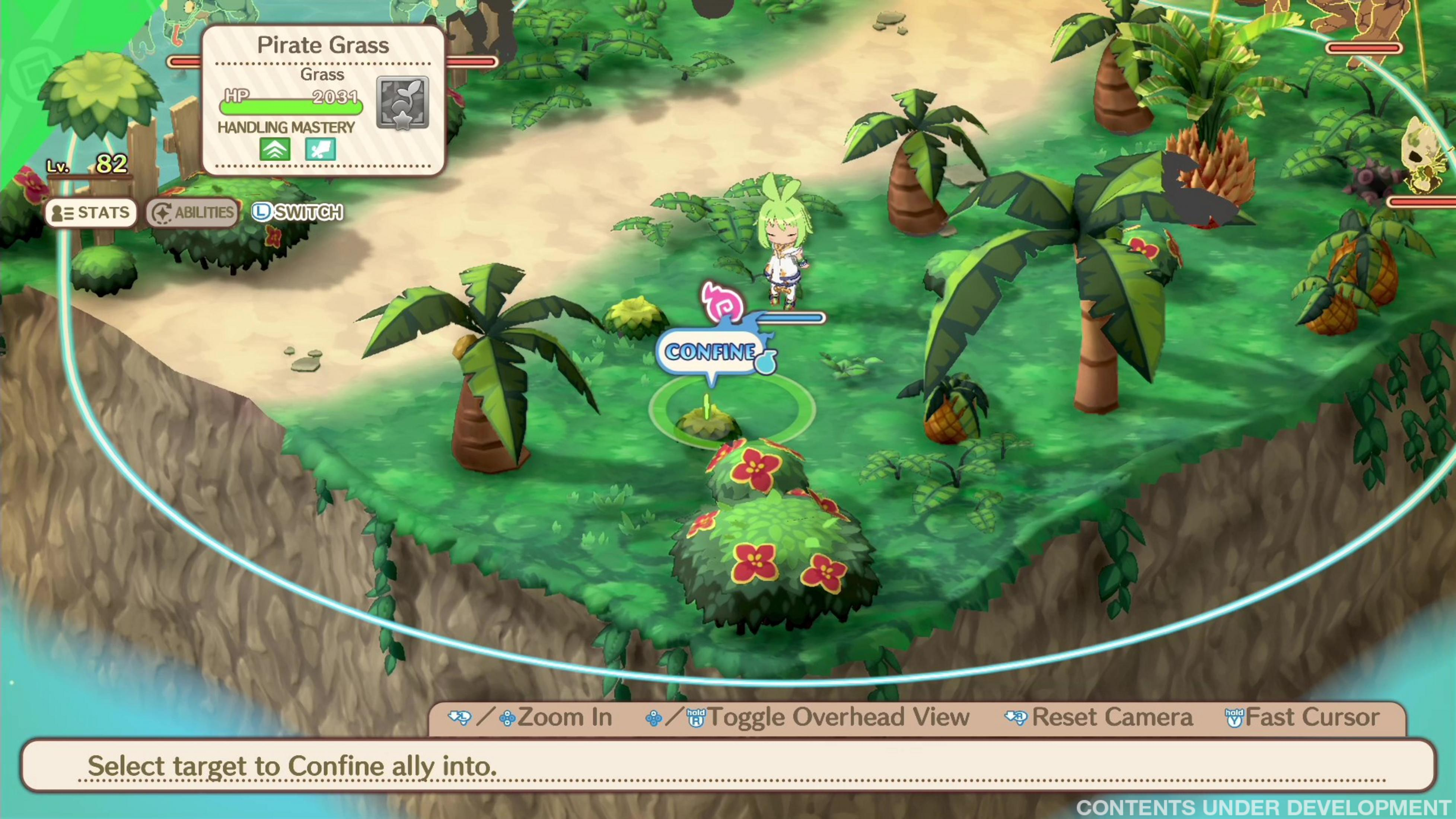 Anime-Charakter mit grünen Haaren auf einer tropischen Insel. Optionen sind sichtbar.