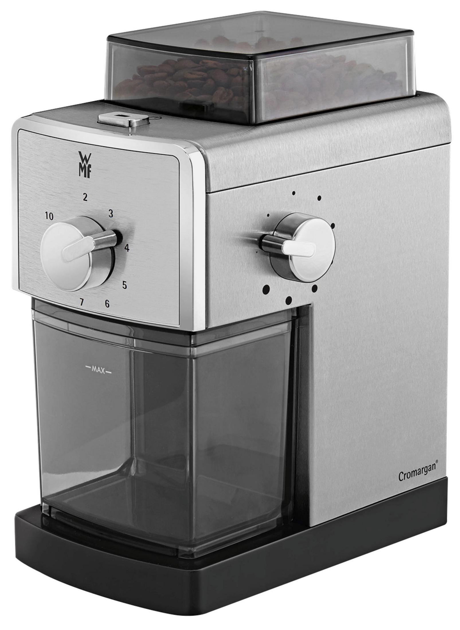 Młynek do kawy ze stali nierdzewnej z pojemnikiem na ziarna.