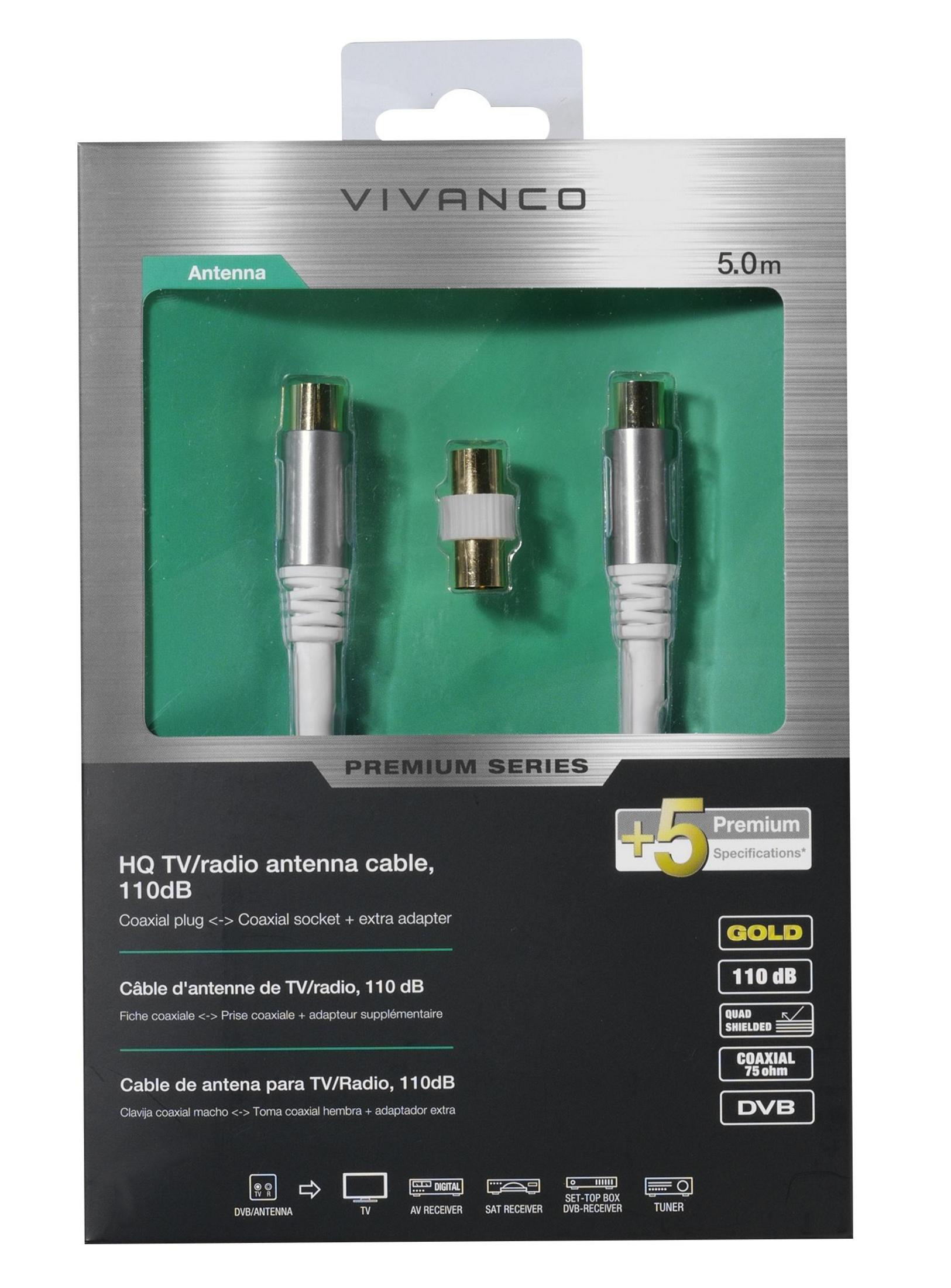 Cable de antena Vivanco, 5m, con conectores dorados y adaptador.
