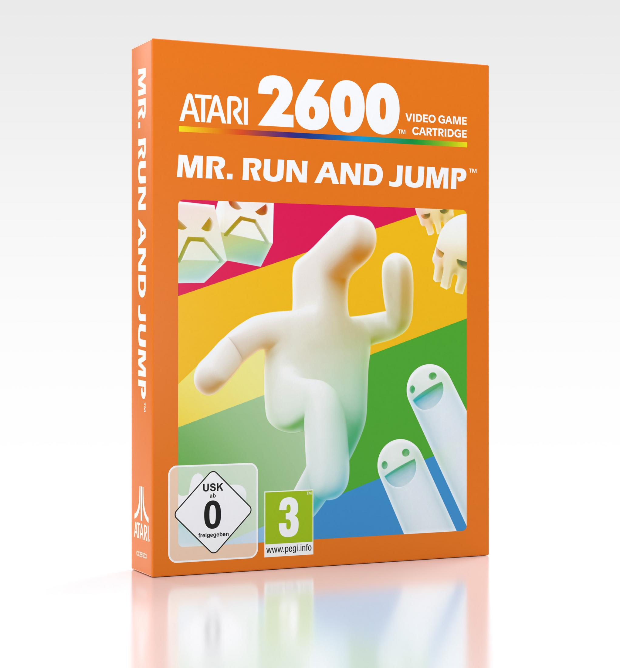 Scatola del gioco Atari 2600 "Mr. Run and Jump" con personaggi dei cartoni e classificazione d'età.