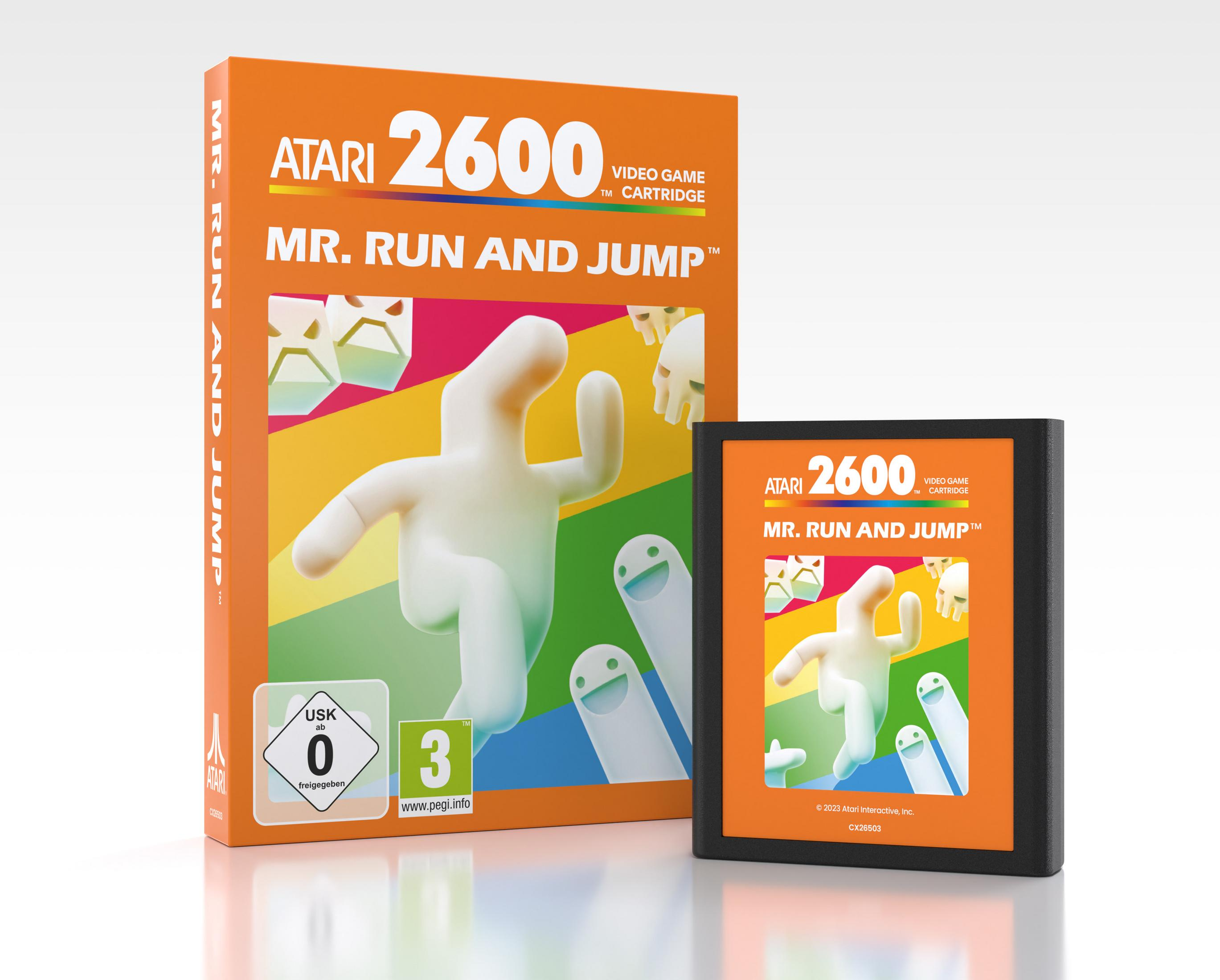 Scatola e cartuccia del gioco Atari 2600 "Mr. Run and Jump" con figure bianche su sfondo colorato.