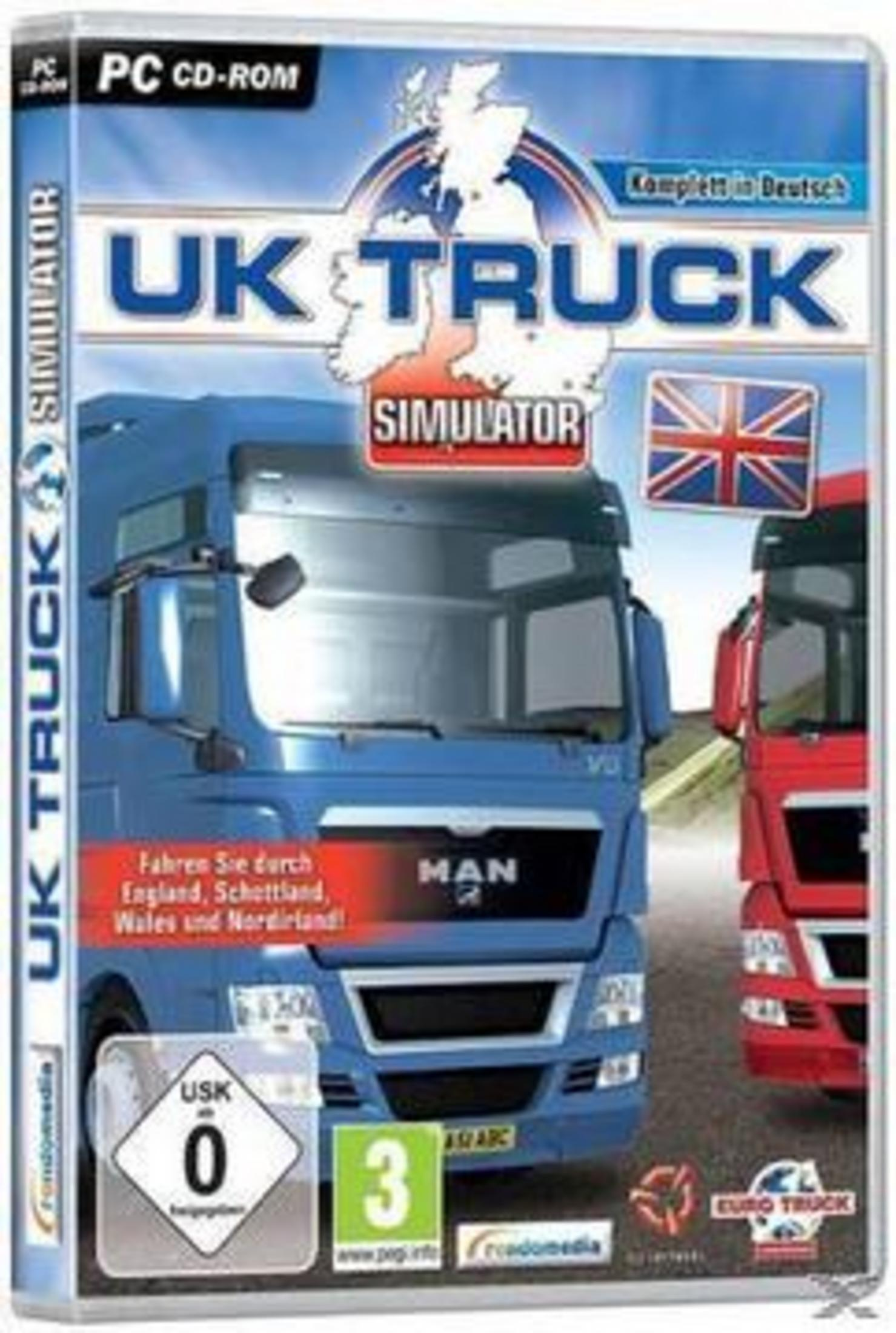 UK Truck Simulator PC CD-ROM Hülle mit blauen und roten LKWs.
