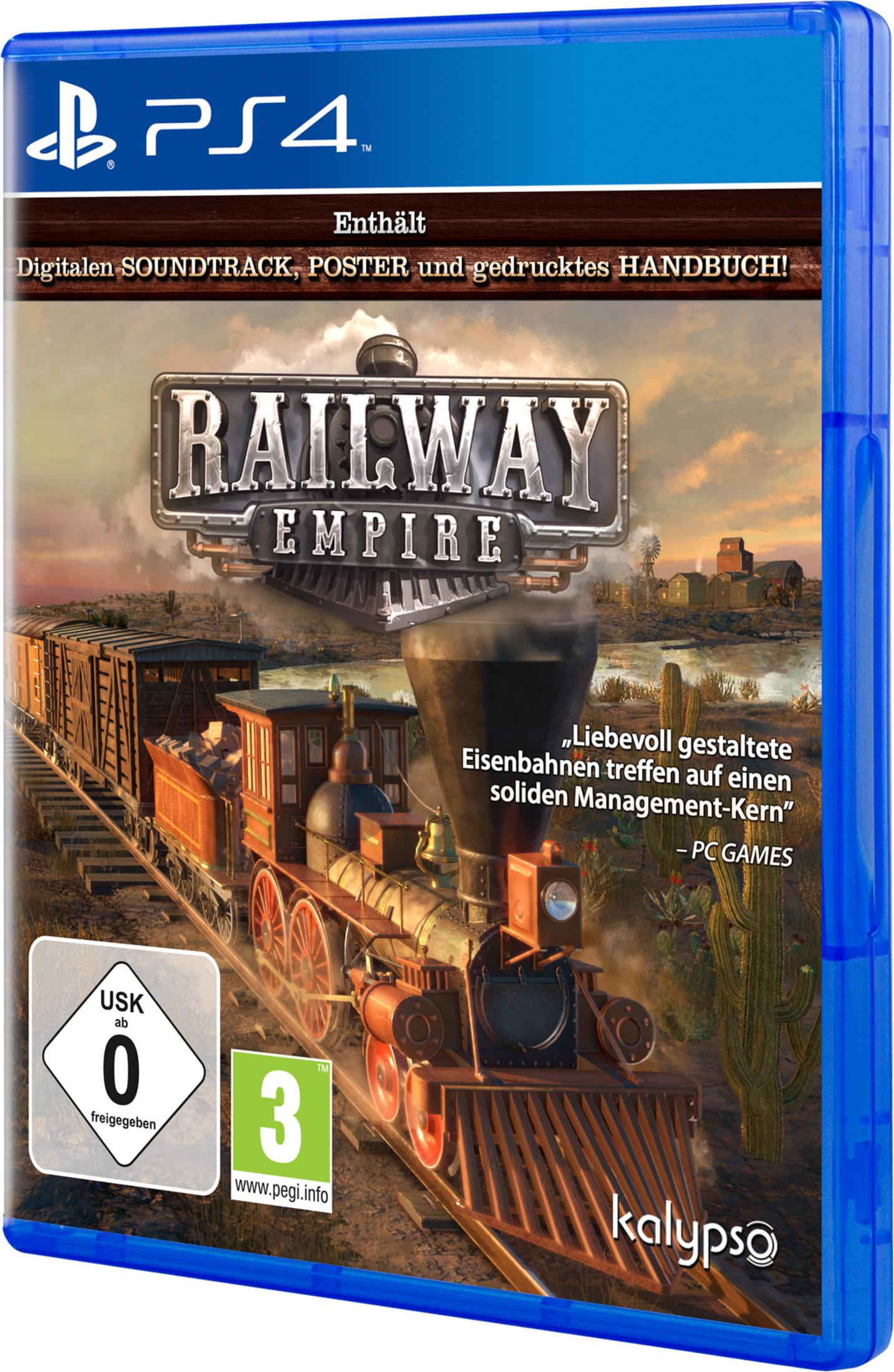 PlayStation 4 Spiel "Railway Empire" mit Zug, Wüste und Städten.
