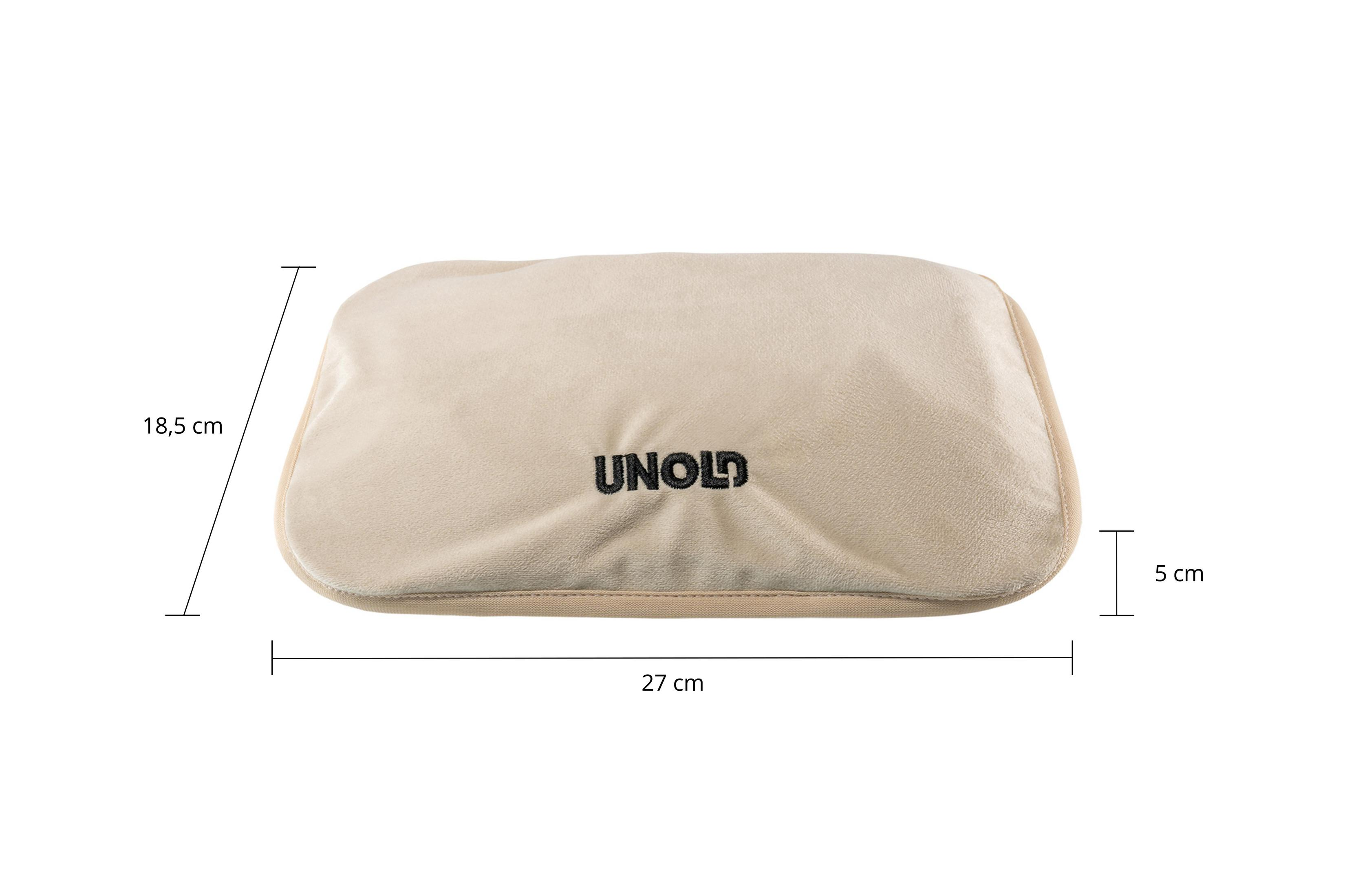 Ein beige UNOLD Heizkissen, 27x18,5x5 cm.