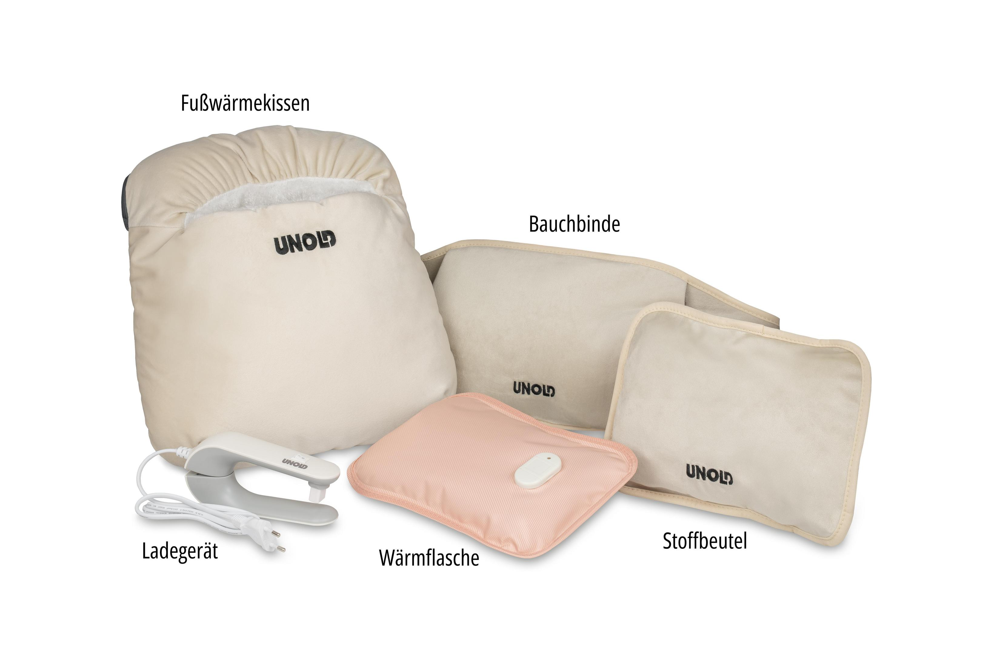 Ein Fußwärmerkissen, Bauchbinde, Wärmflasche, Stoffbeutel und Ladegerät.