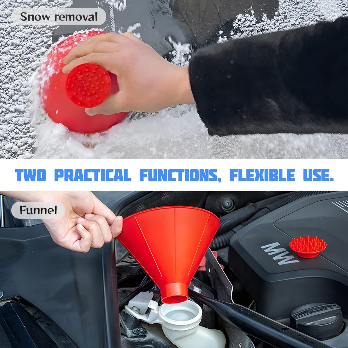 Rote Werkzeuge für Schneeentfernung und Einfüllen in den Motorraum.