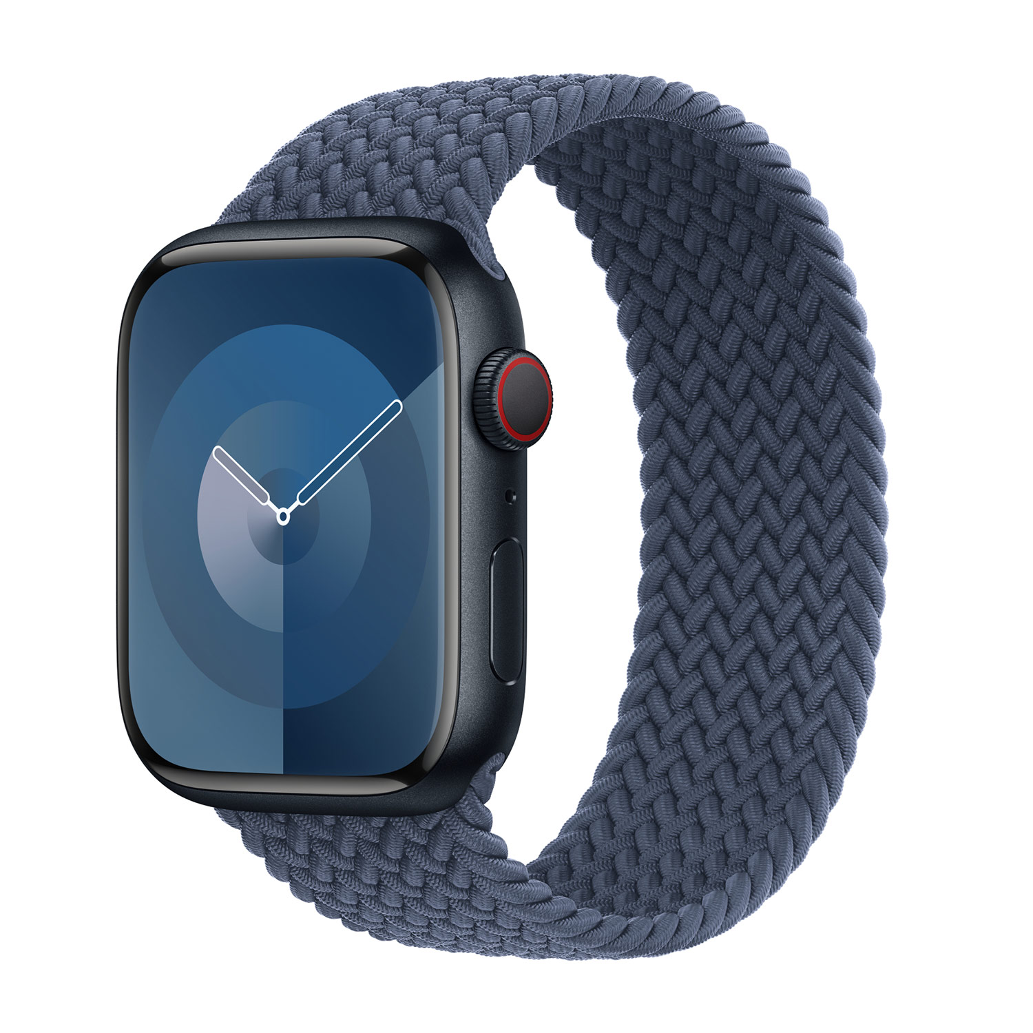 Donkergrijs smartwatch met geweven band op witte achtergrond.
